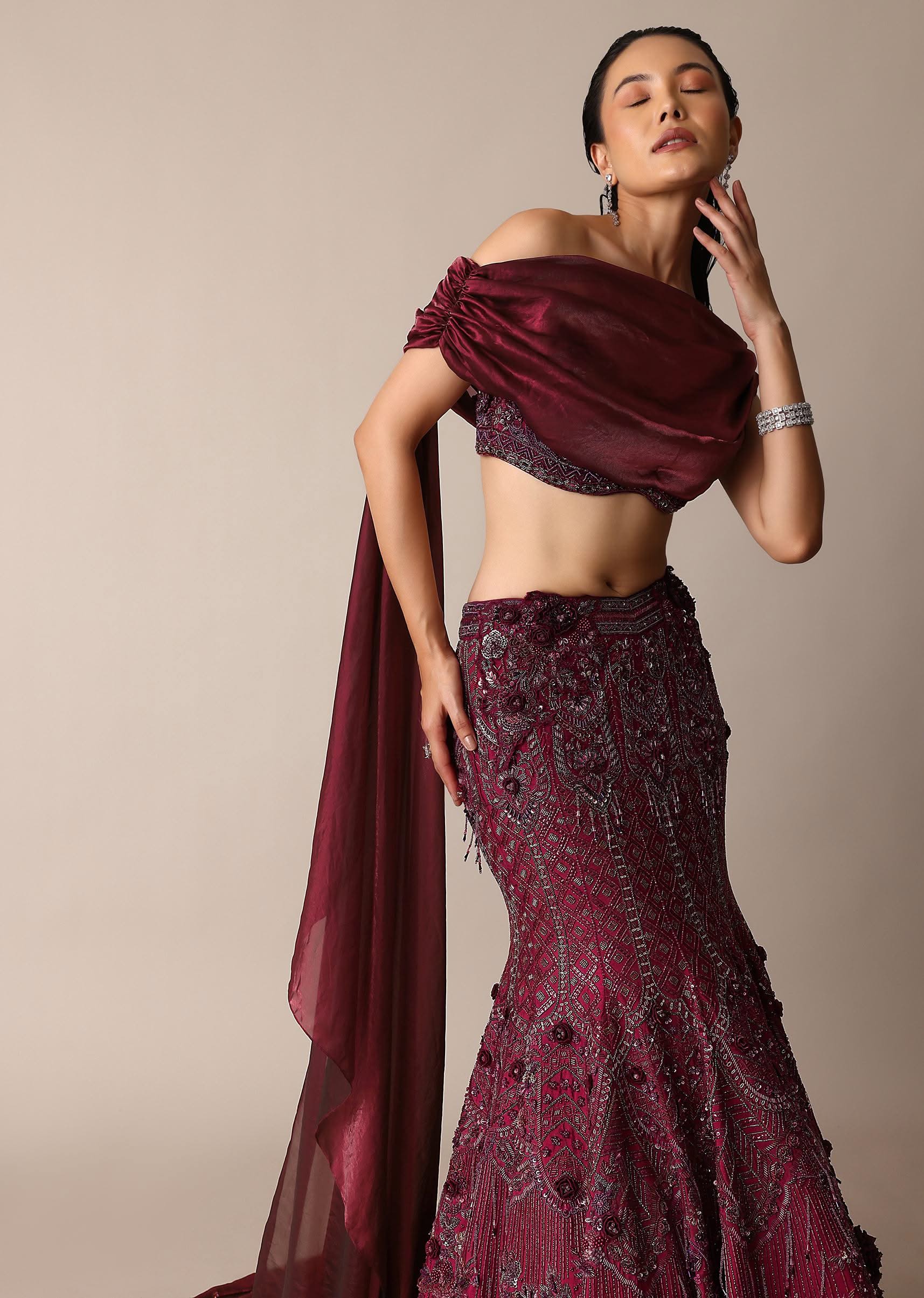 Wine Opulent Fish Cut Lehenga And Embellished Jacket Duo - Image 4
