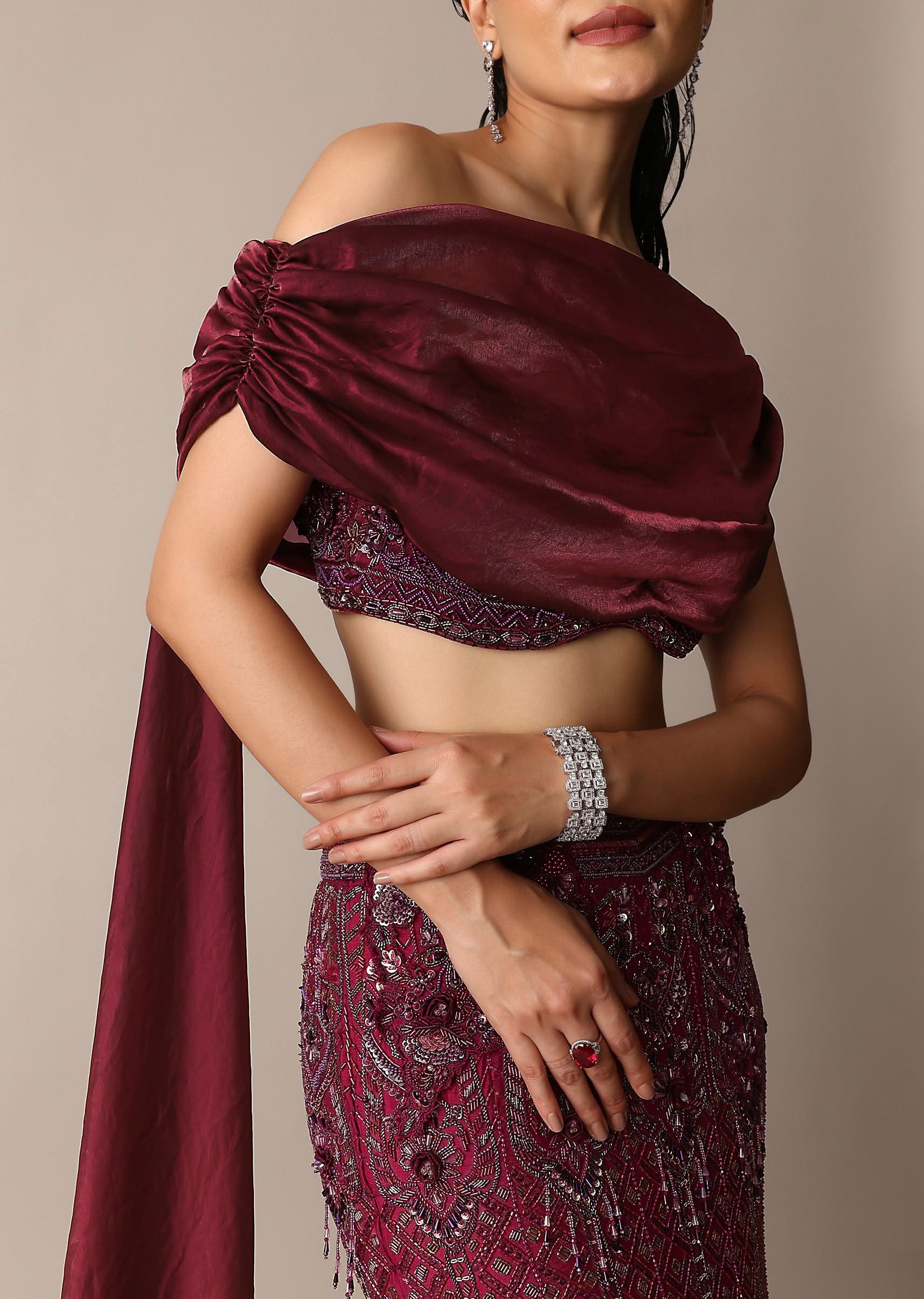 Wine Opulent Fish Cut Lehenga And Embellished Jacket Duo - Image 5