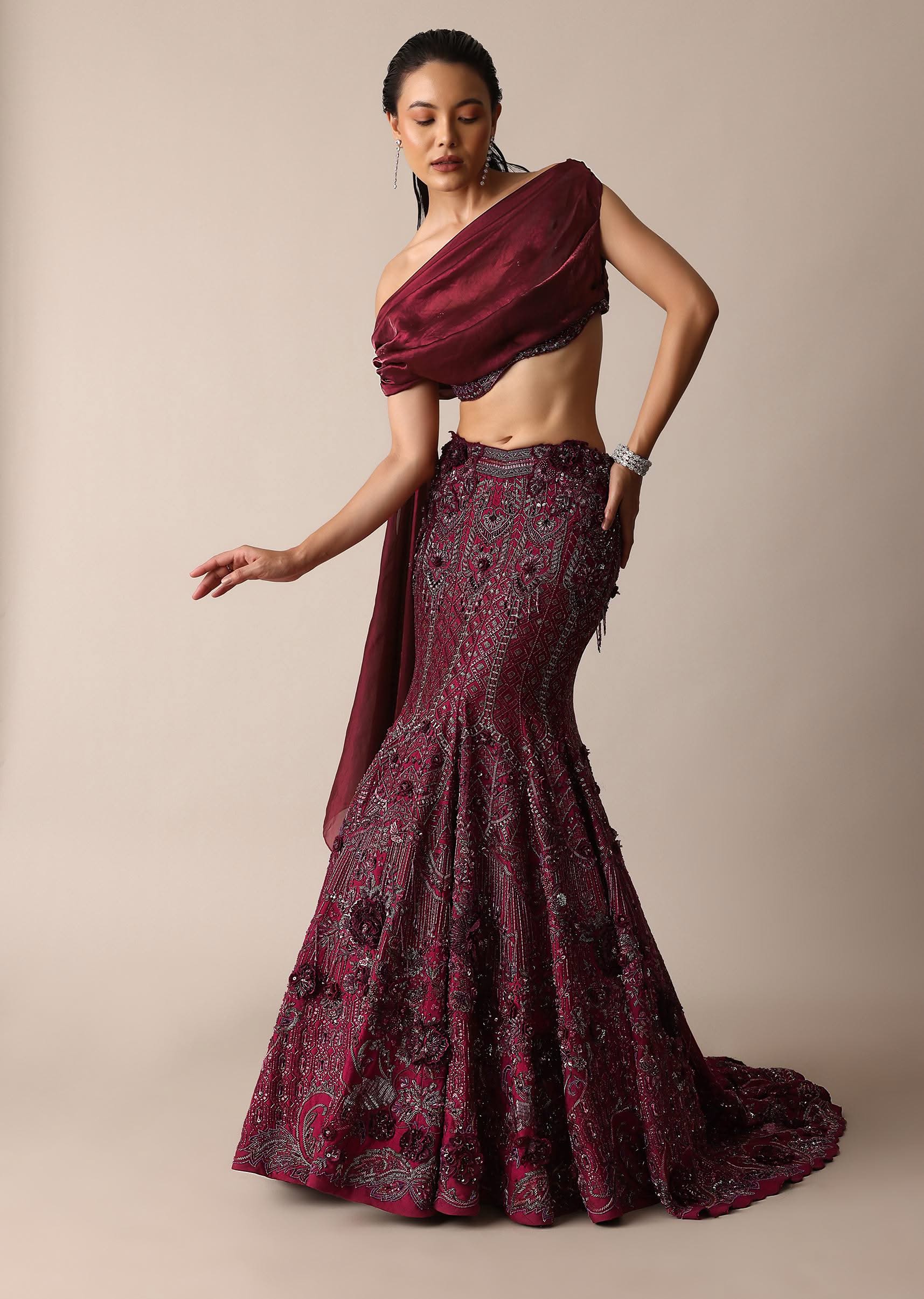 Wine Opulent Fish Cut Lehenga And Embellished Jacket Duo - Image 6