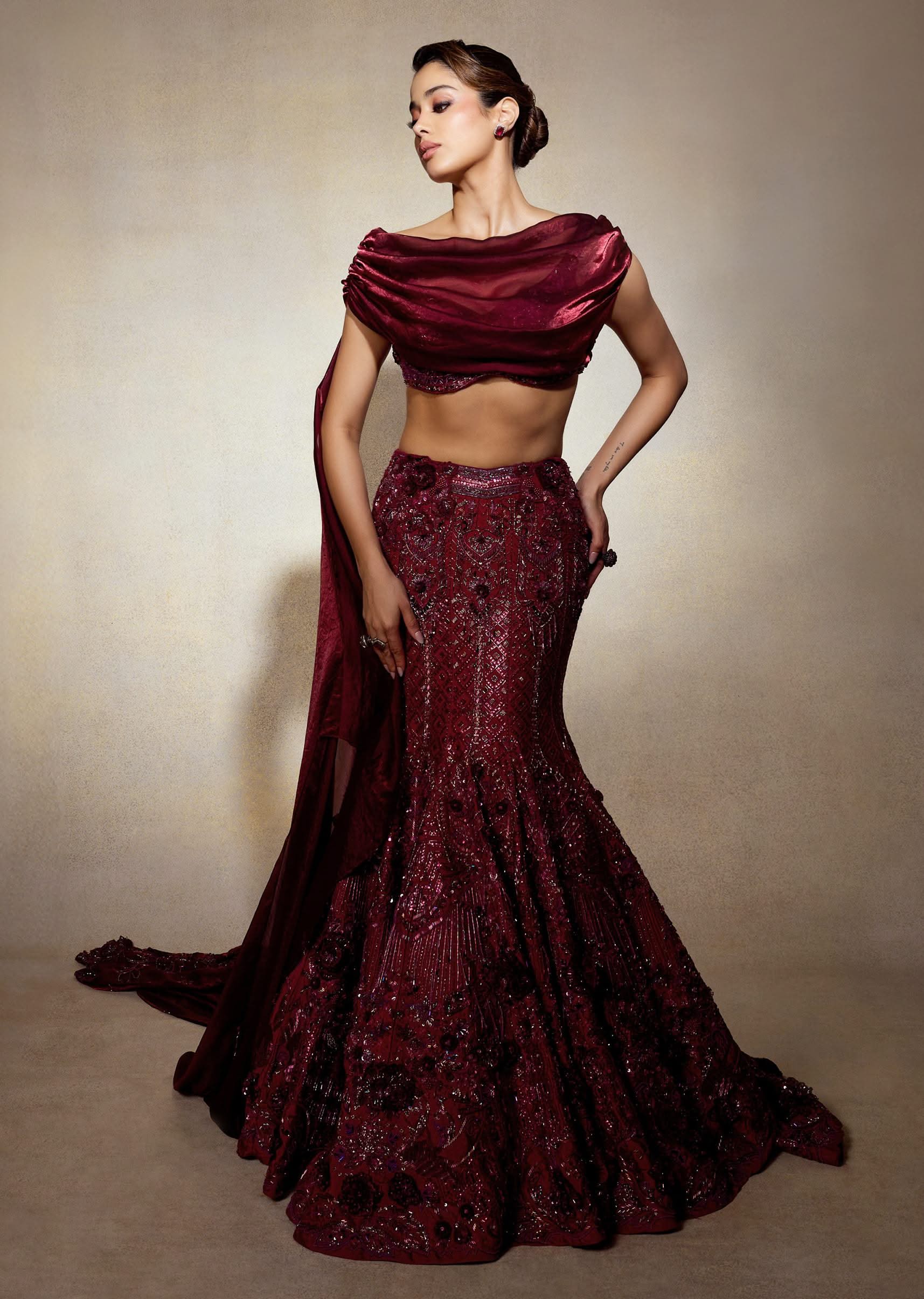 Wine Opulent Fish Cut Lehenga And Embellished Jacket Duo - Image 7