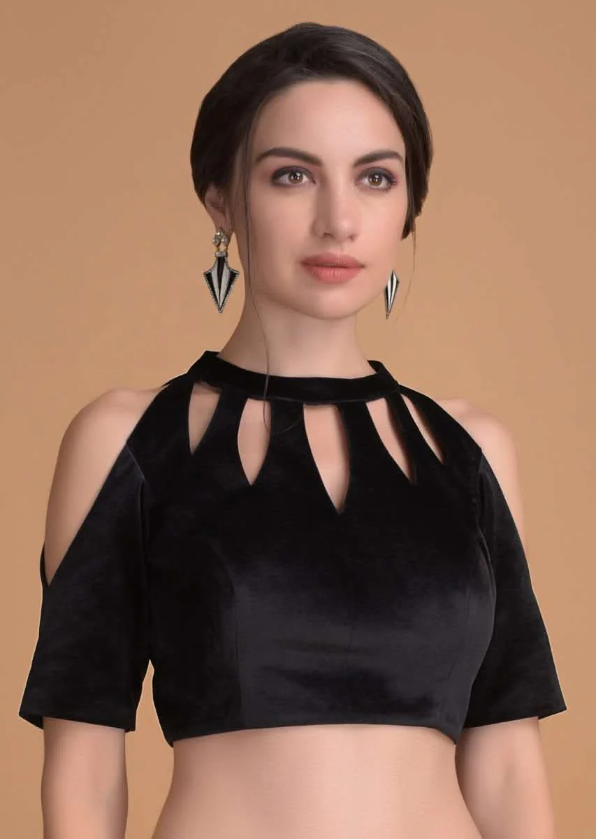 Jet Black Blouse In Velvet With Cut Out On The Neckline - Image 3