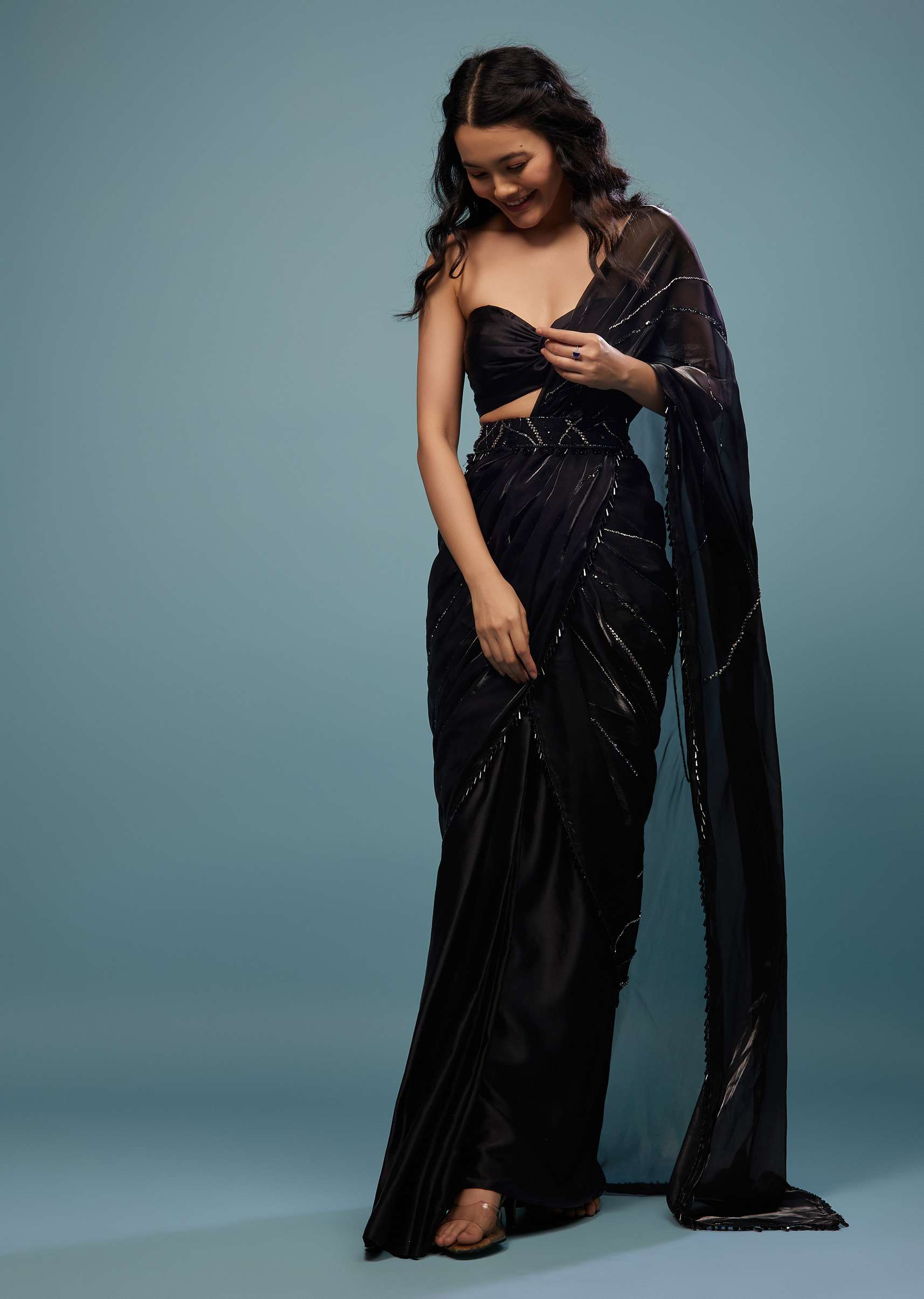 Jet Black Embroidered Ready-Pleated Organza Saree - Image 2