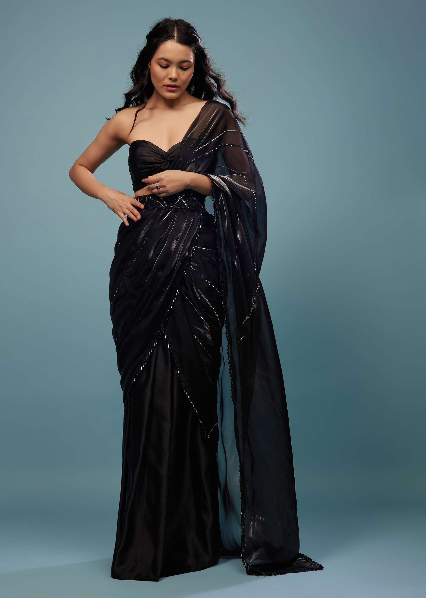 Jet Black Embroidered Ready-Pleated Organza Saree - Image 4