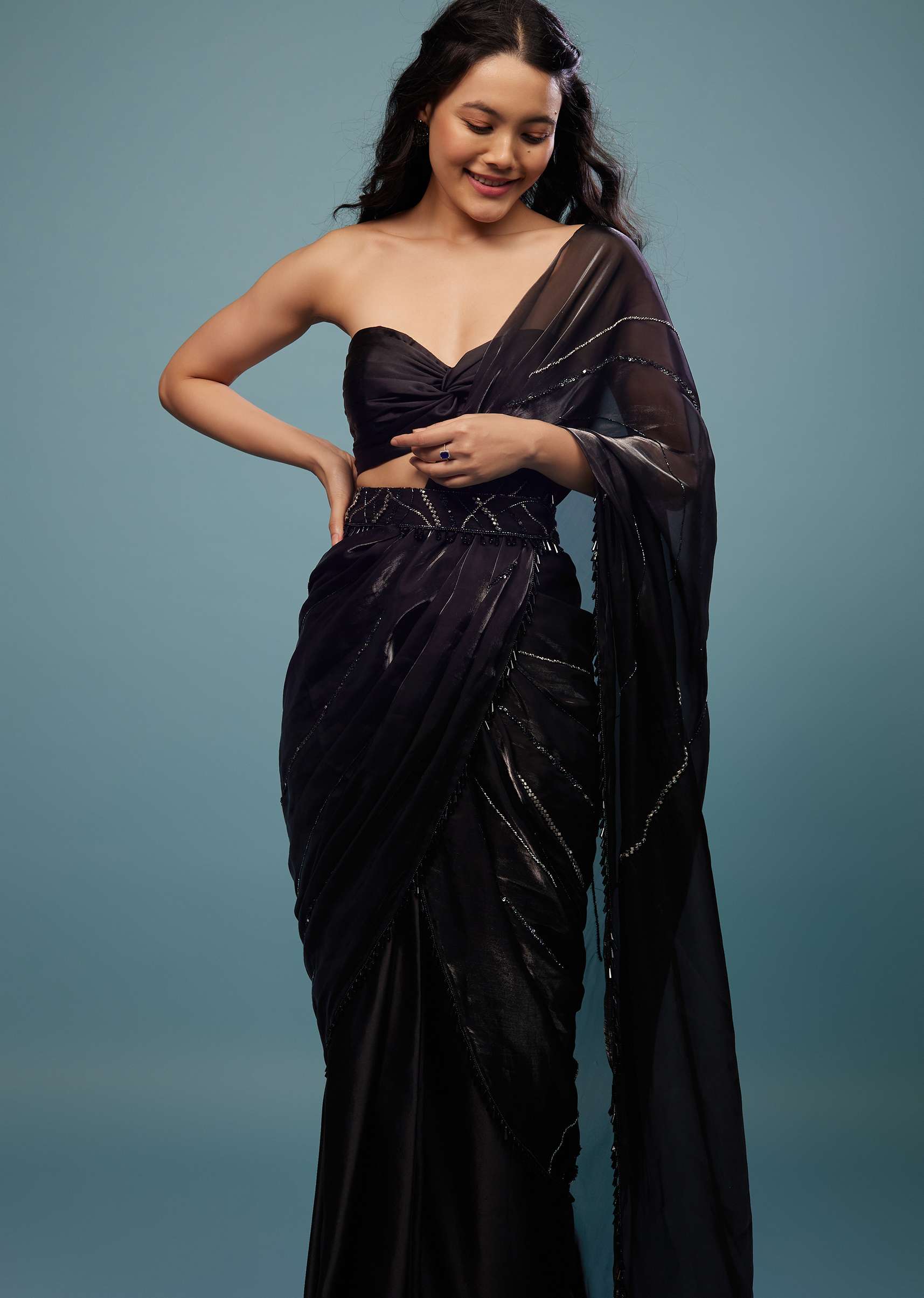 Jet Black Embroidered Ready-Pleated Organza Saree - Image 5