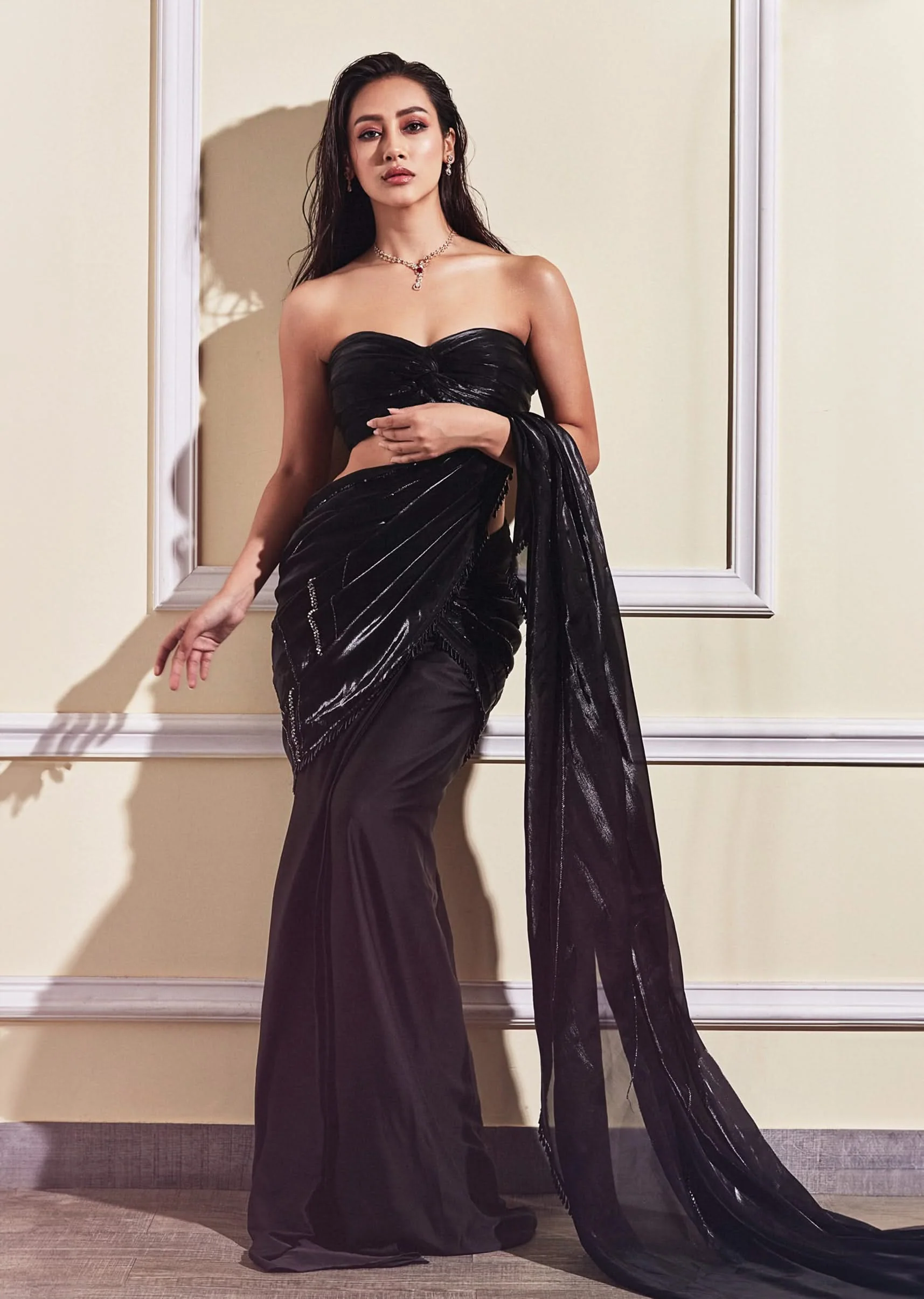 Jet Black Embroidered Ready-Pleated Organza Saree - Image 8