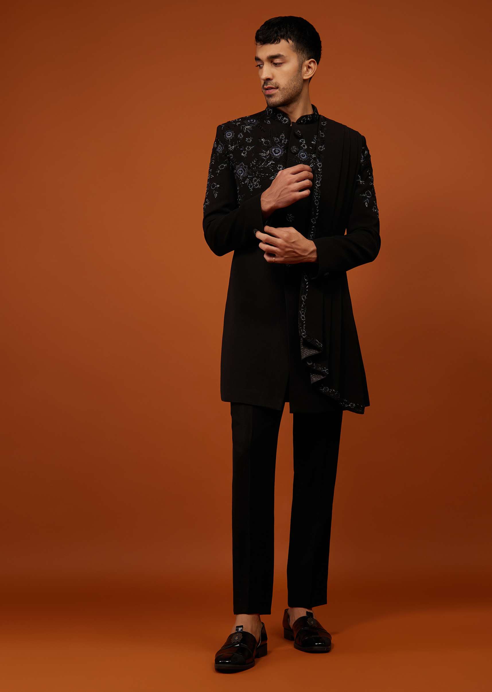 Jet Black Indo-Western Sherwani Set Embroidered In Imported Suiting Fabric - Image 3