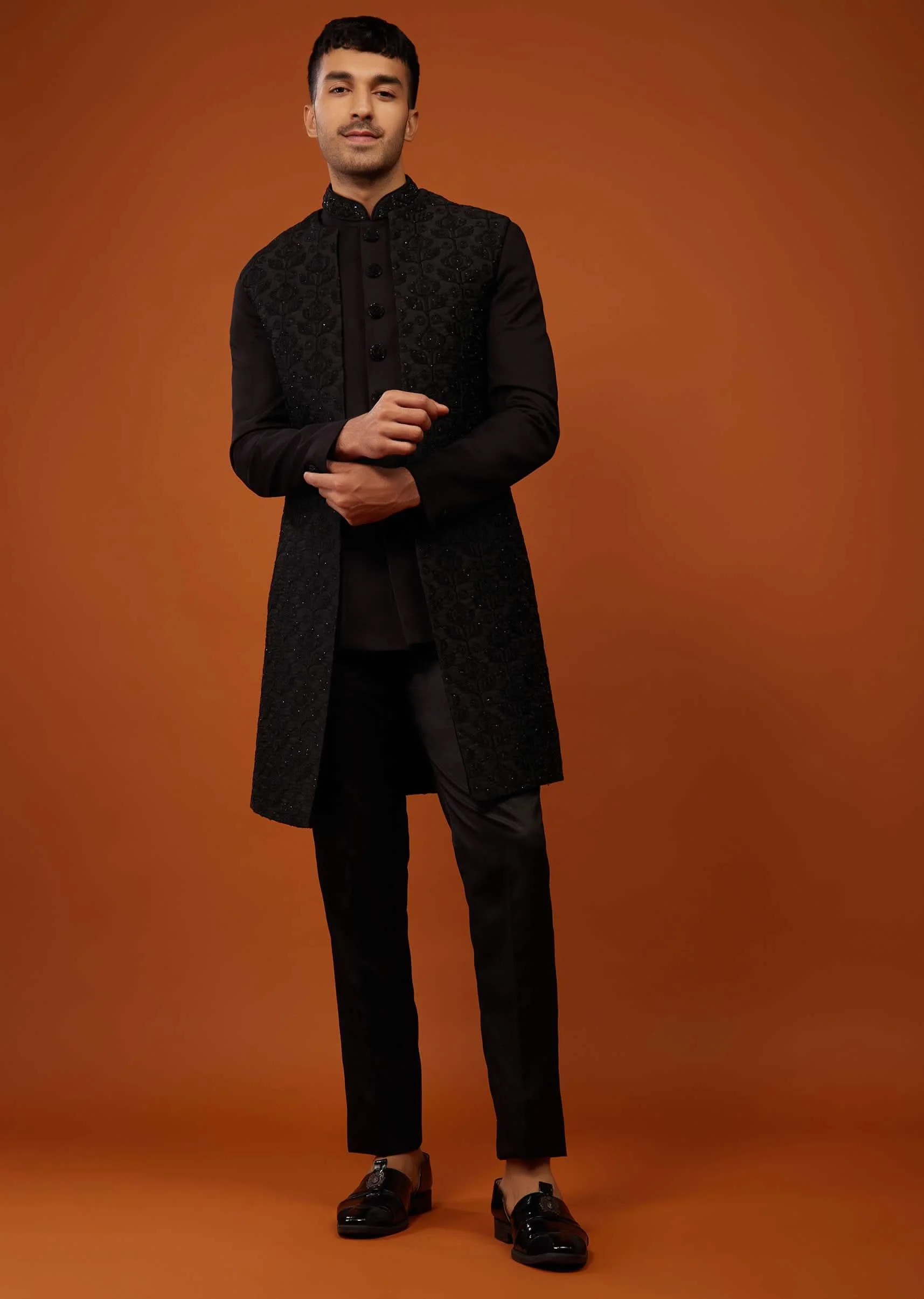 Jet Black Sherwani Set Embroidered In Imported Suiting Fabric - Image 3
