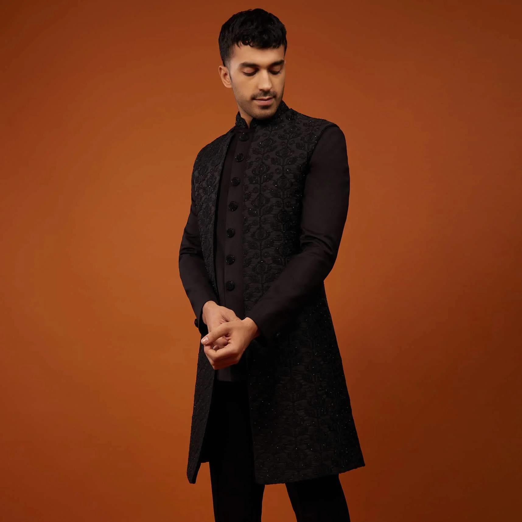 Jet Black Sherwani Set Embroidered In Imported Suiting Fabric - Image 4
