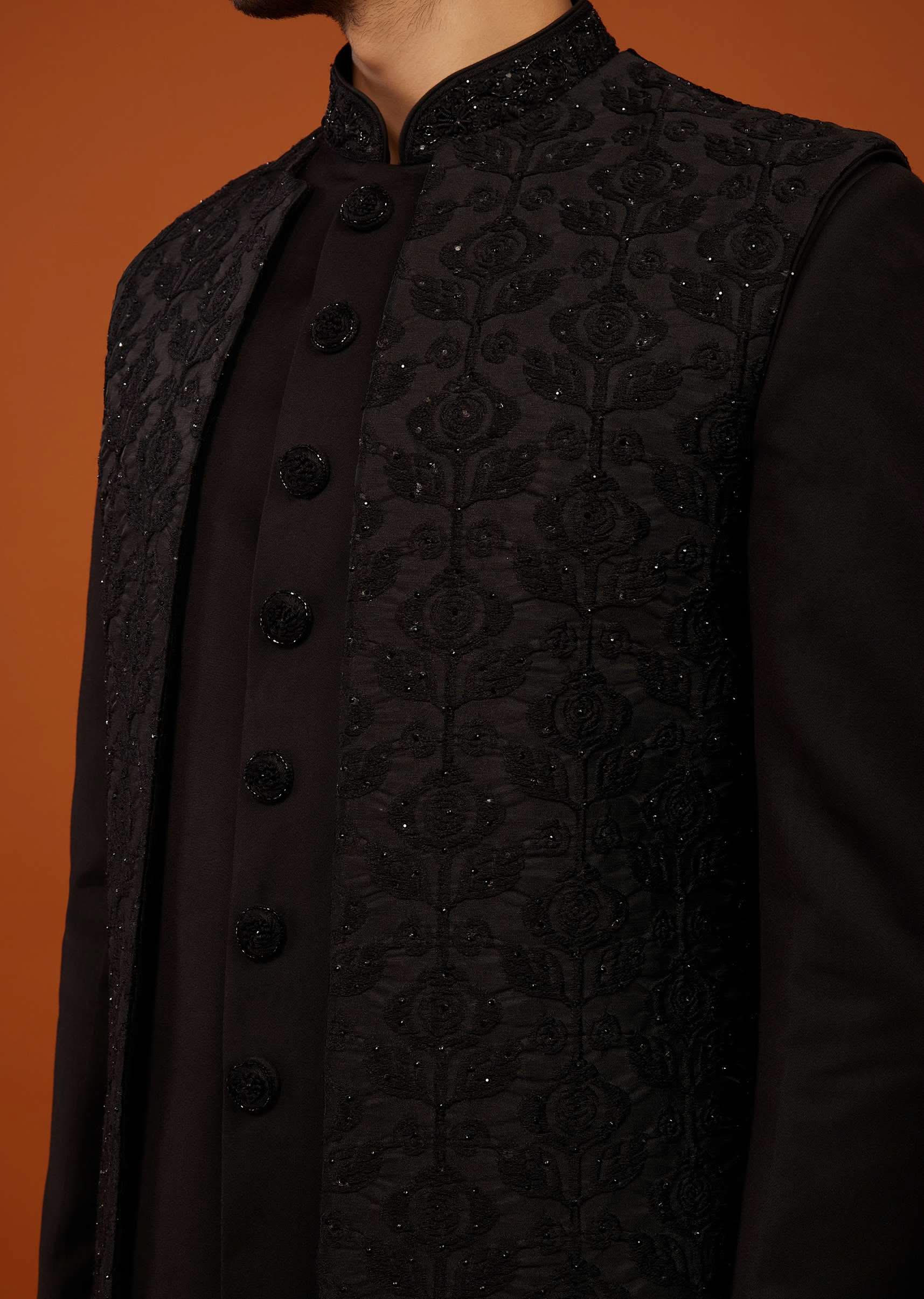 Jet Black Sherwani Set Embroidered In Imported Suiting Fabric - Image 5
