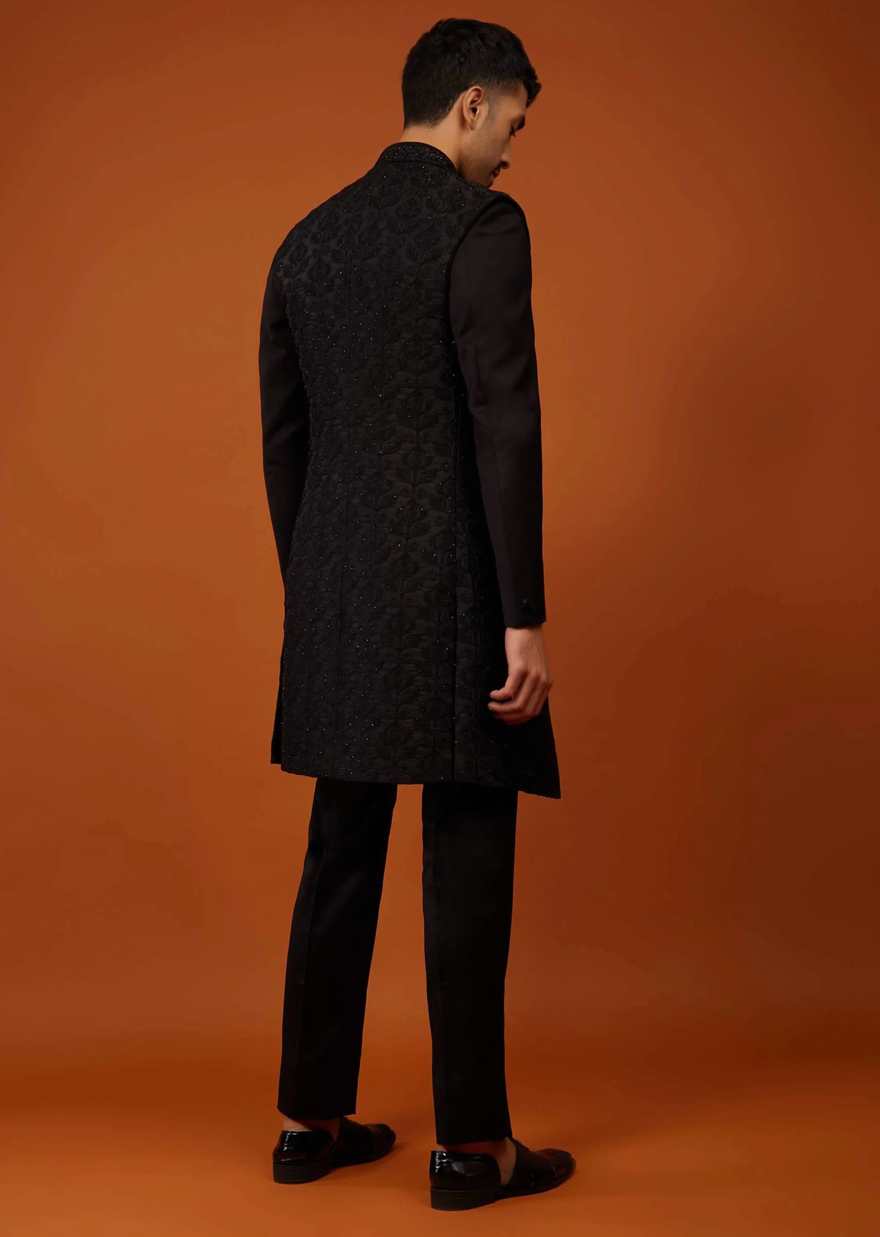 Jet Black Sherwani Set Embroidered In Imported Suiting Fabric - Image 6
