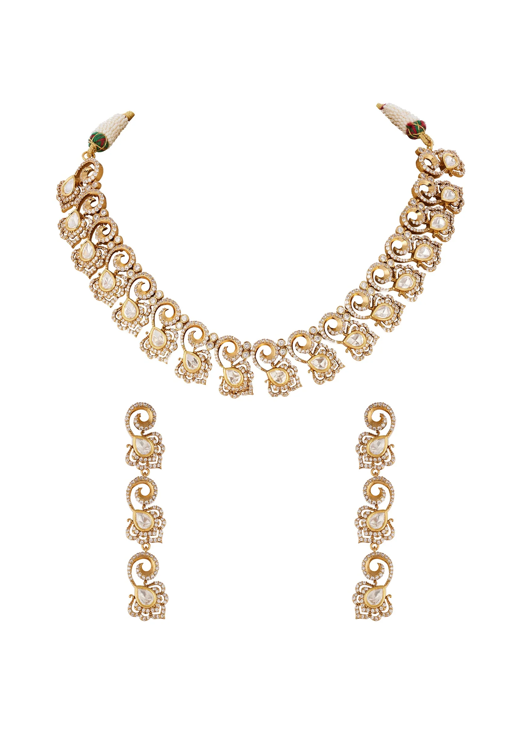 Jewellery Set In Gold Finish Polki With Semi Precious Stones - Image 2
