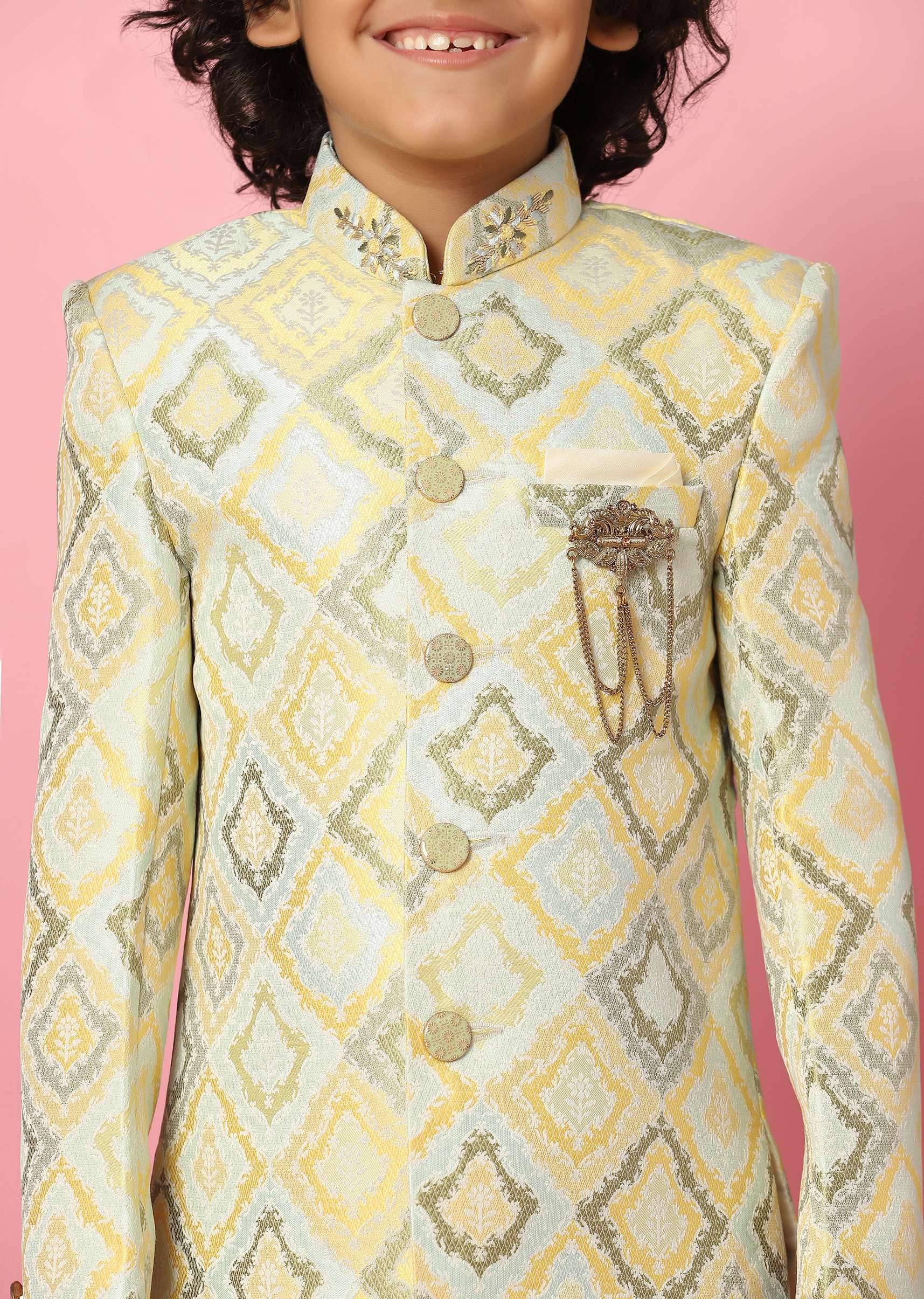 Kalki Afterglow Yellow Sherwani Set In Raw Silk With Threadwork For Boys - Image 2