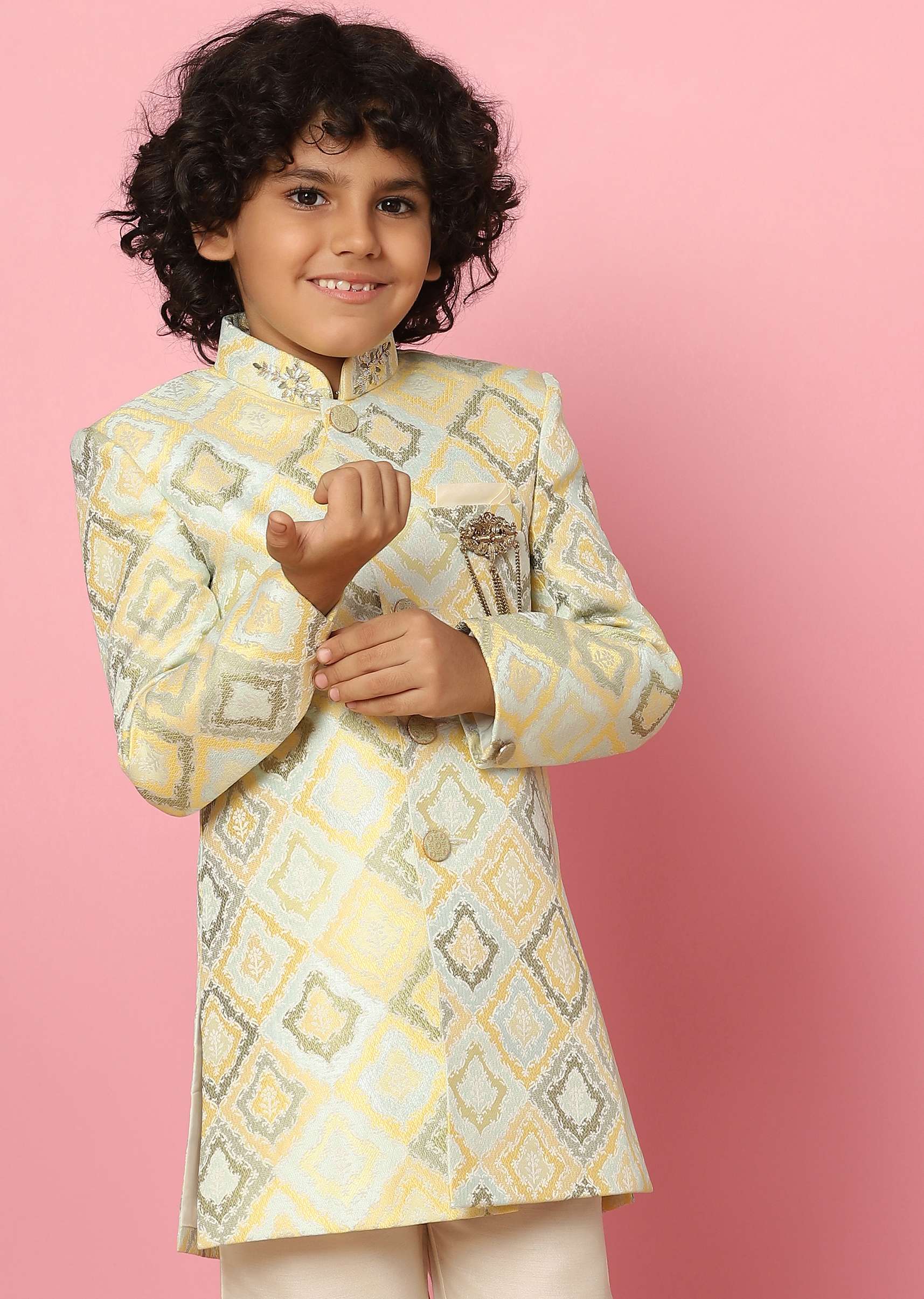 Kalki Afterglow Yellow Sherwani Set In Raw Silk With Threadwork For Boys - Image 4
