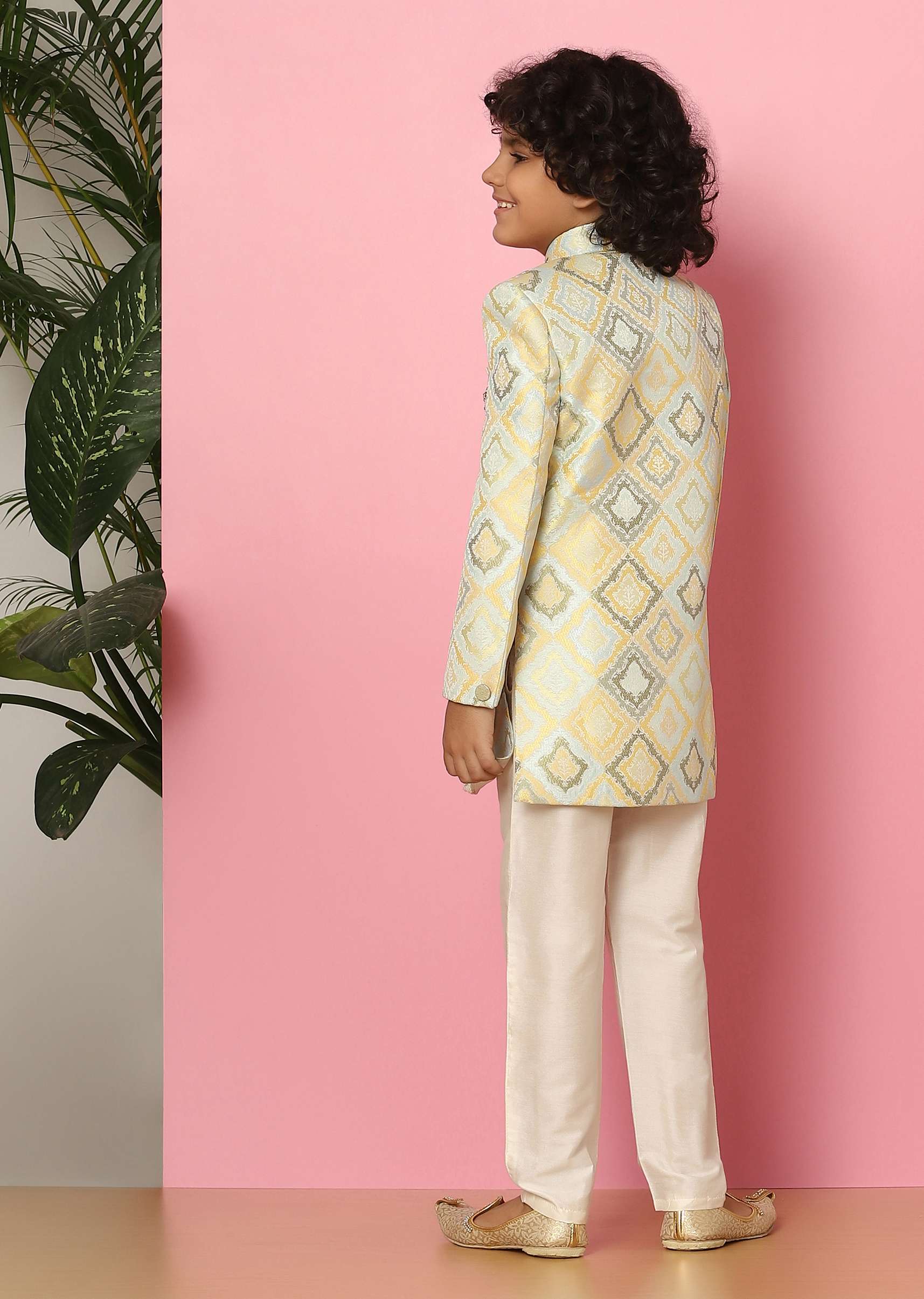 Kalki Afterglow Yellow Sherwani Set In Raw Silk With Threadwork For Boys - Image 5