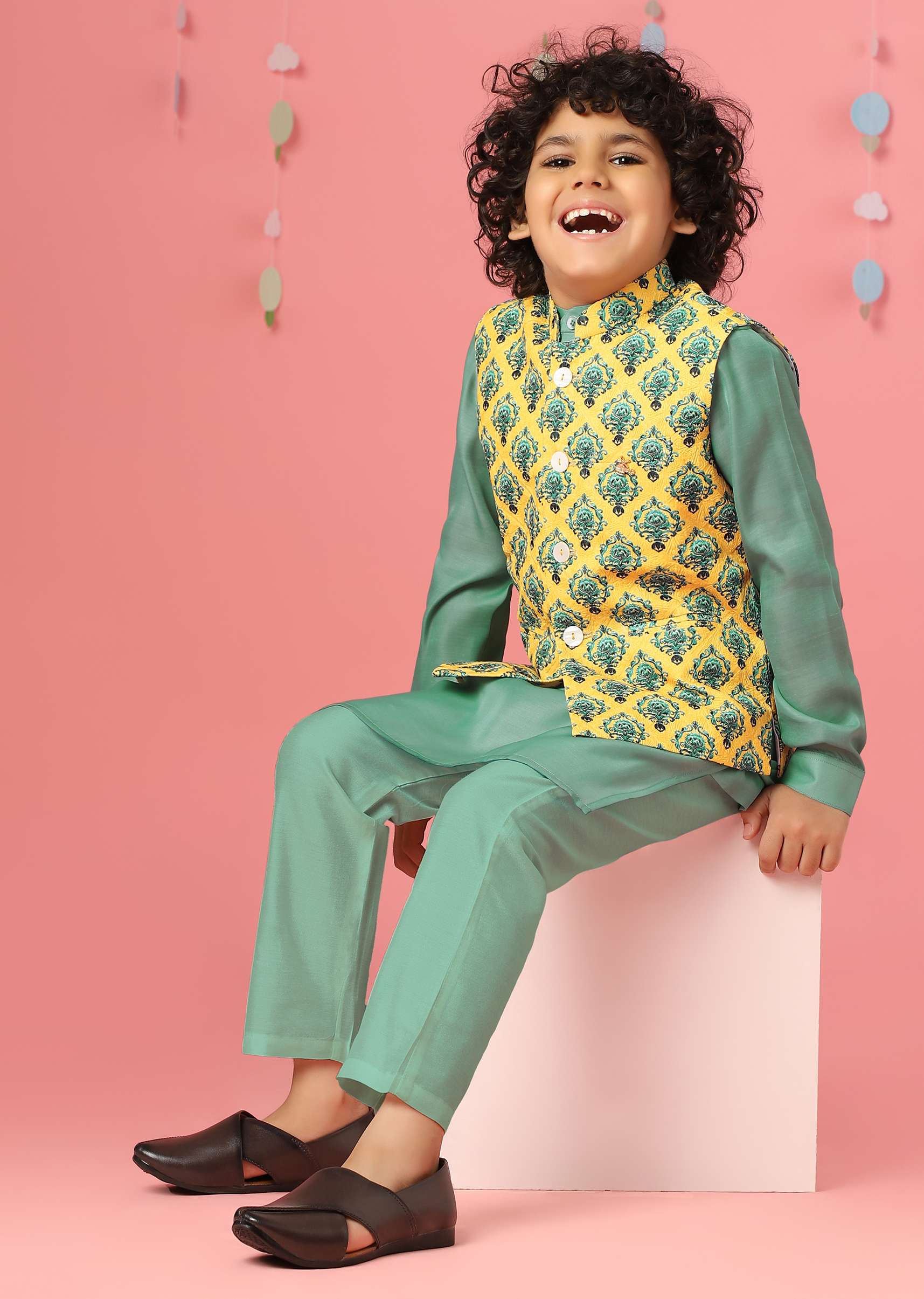 Kalki Agate Green Kurta Set In Silk With Lemon Chrome Yellow Bandi Jacket For Boys - Image 4