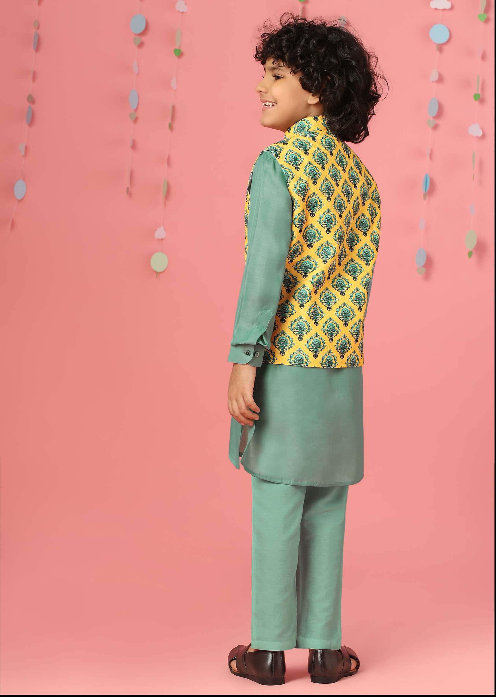 Kalki Agate Green Kurta Set In Silk With Lemon Chrome Yellow Bandi Jacket For Boys - Image 5