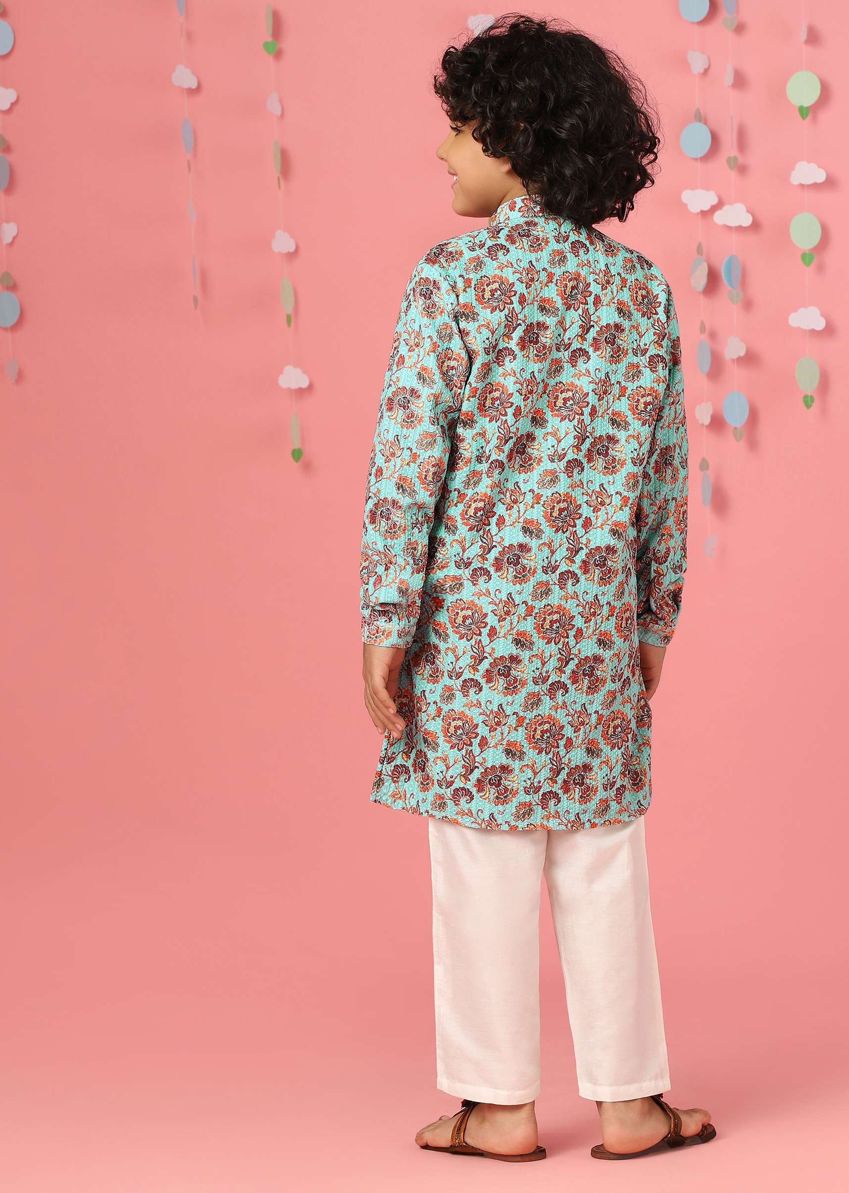 Kalki Aqua Sky Blue Silk Kurta Set With Threadwork For Boys - Image 6