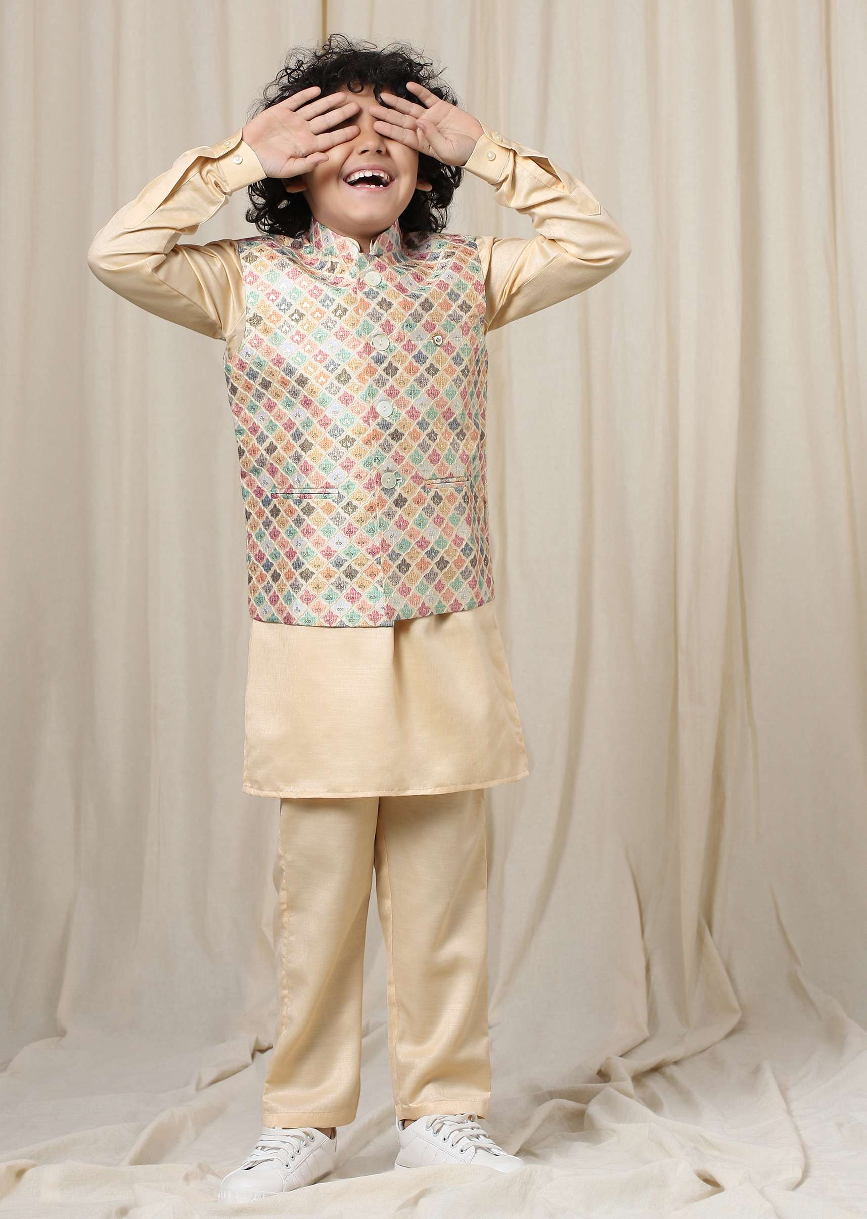 Kalki Autumn Blonde Beige Kurta Set In Silk With Multicolor Bandi Jacket For Boys - Image 3