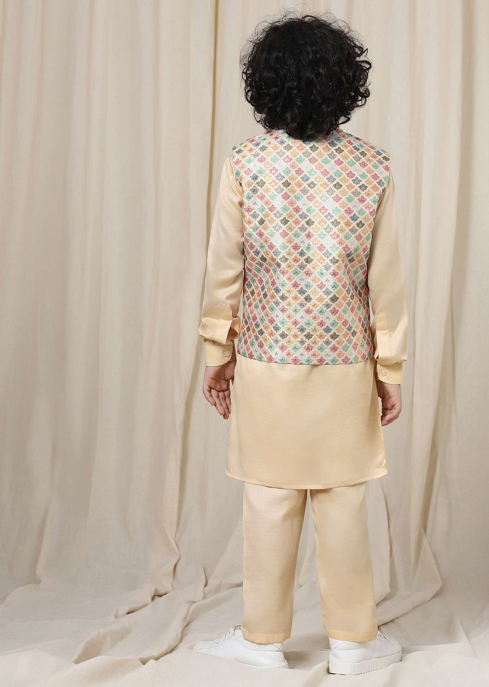 Kalki Autumn Blonde Beige Kurta Set In Silk With Multicolor Bandi Jacket For Boys - Image 5