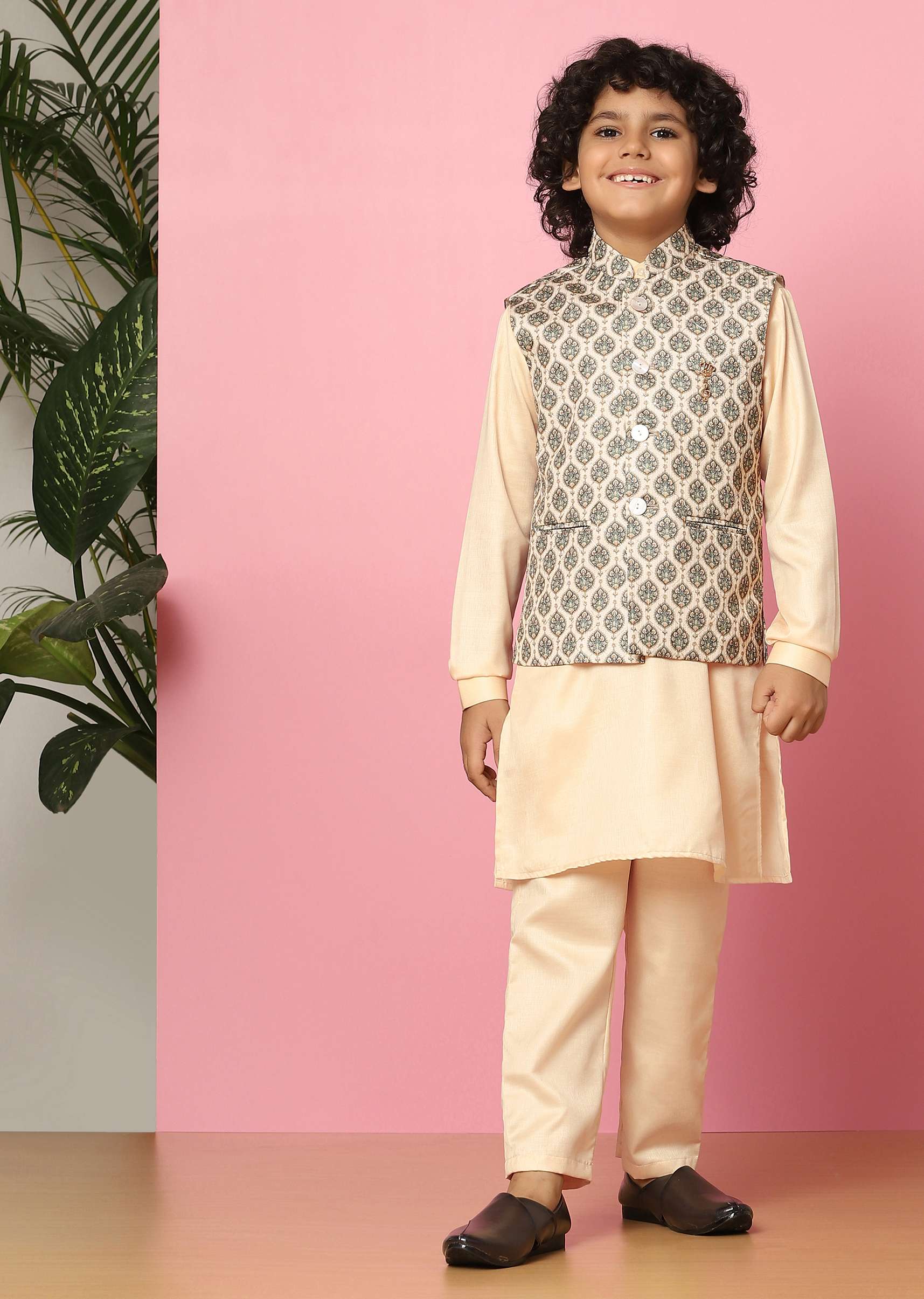 Kalki Beige Bandi Jacket And Kurta Set In Silk With Print For Boys - Image 3