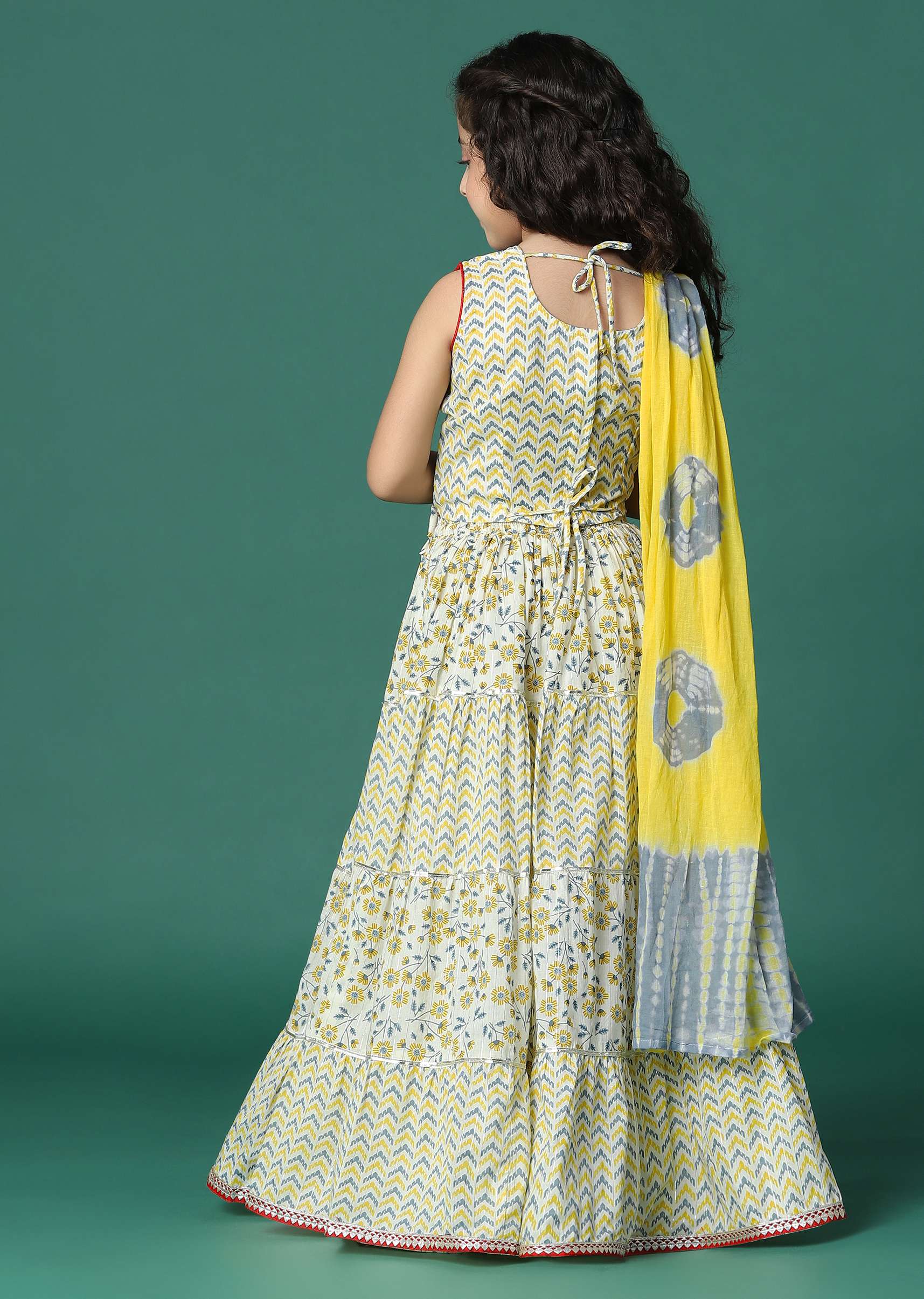 Kalki Beige Cream Printed Lehenga And Blouse Set In Cotton For Girls - Image 5