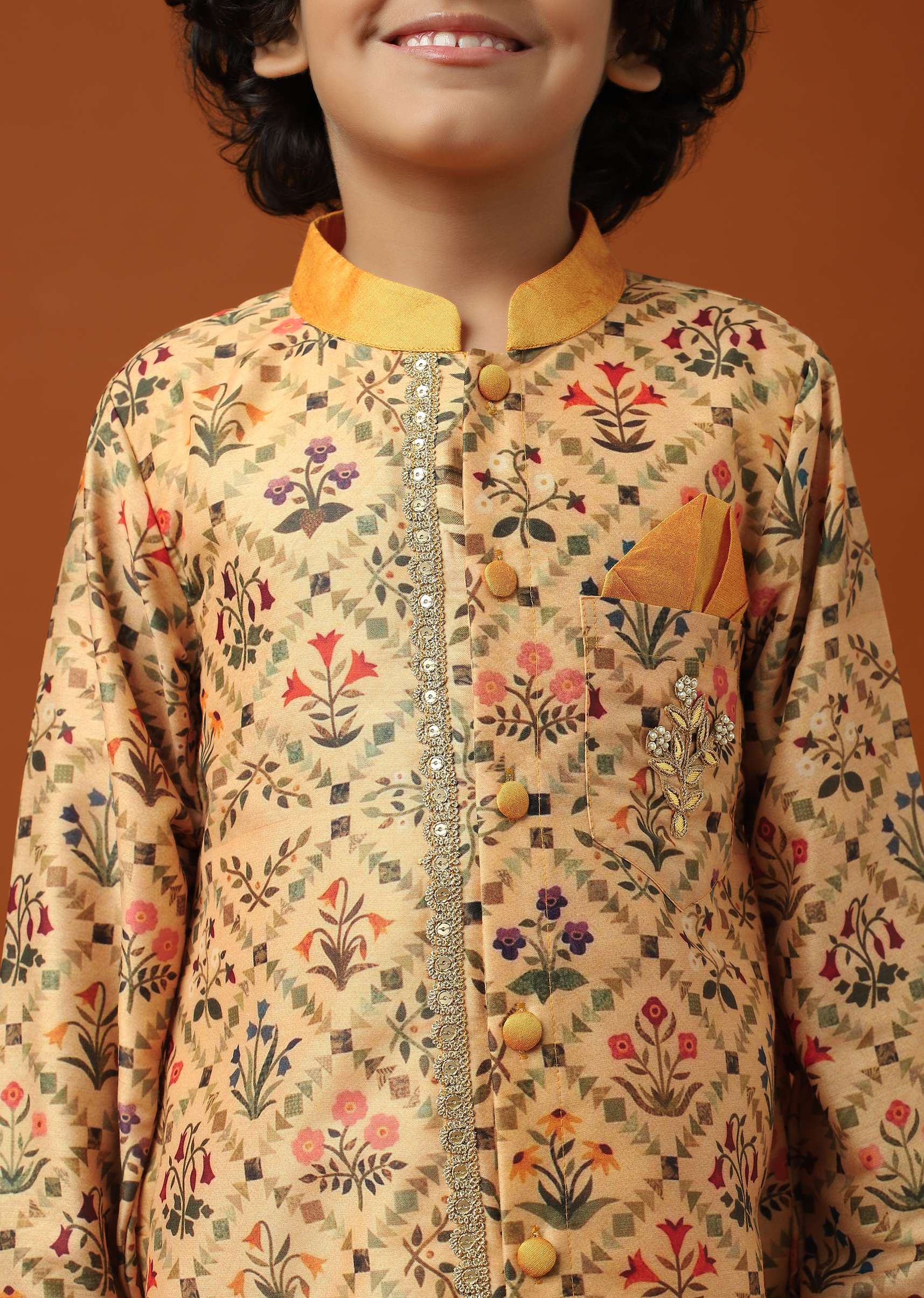 Kalki Beige Orange Printed Kurta Pant Set In Cotton Silk - Image 3
