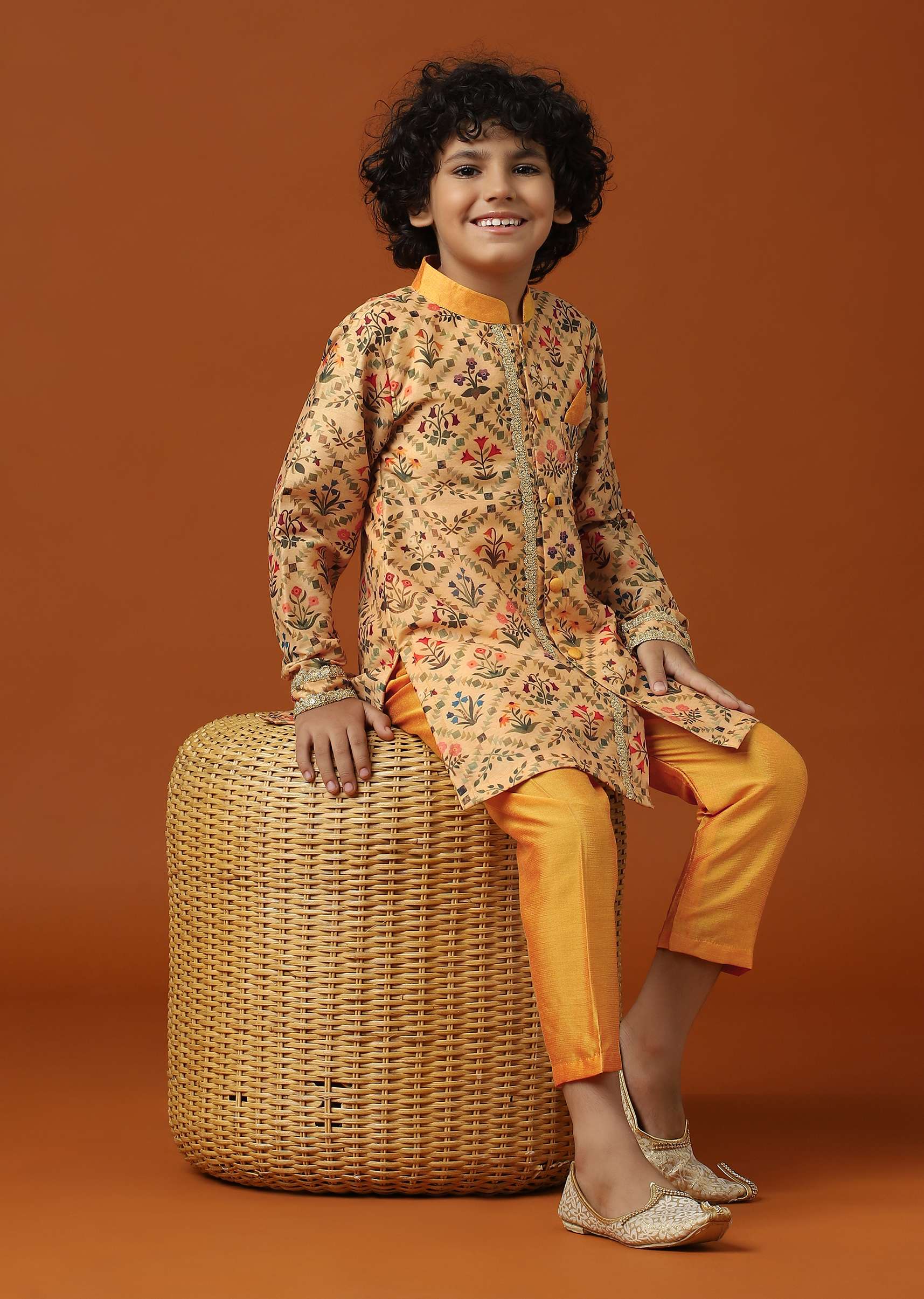 Kalki Beige Orange Printed Kurta Pant Set In Cotton Silk - Image 4