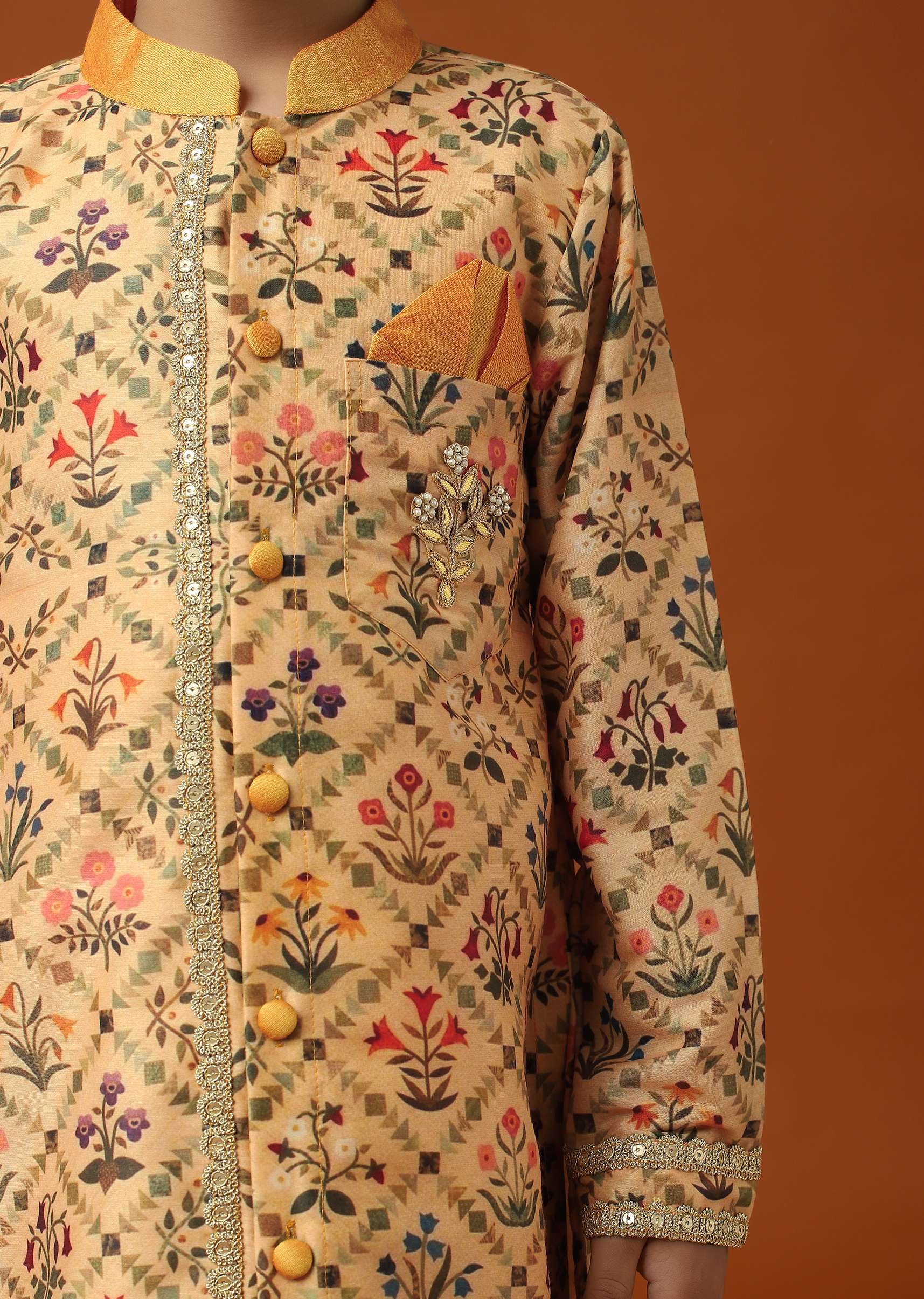 Kalki Beige Orange Printed Kurta Pant Set In Cotton Silk - Image 5