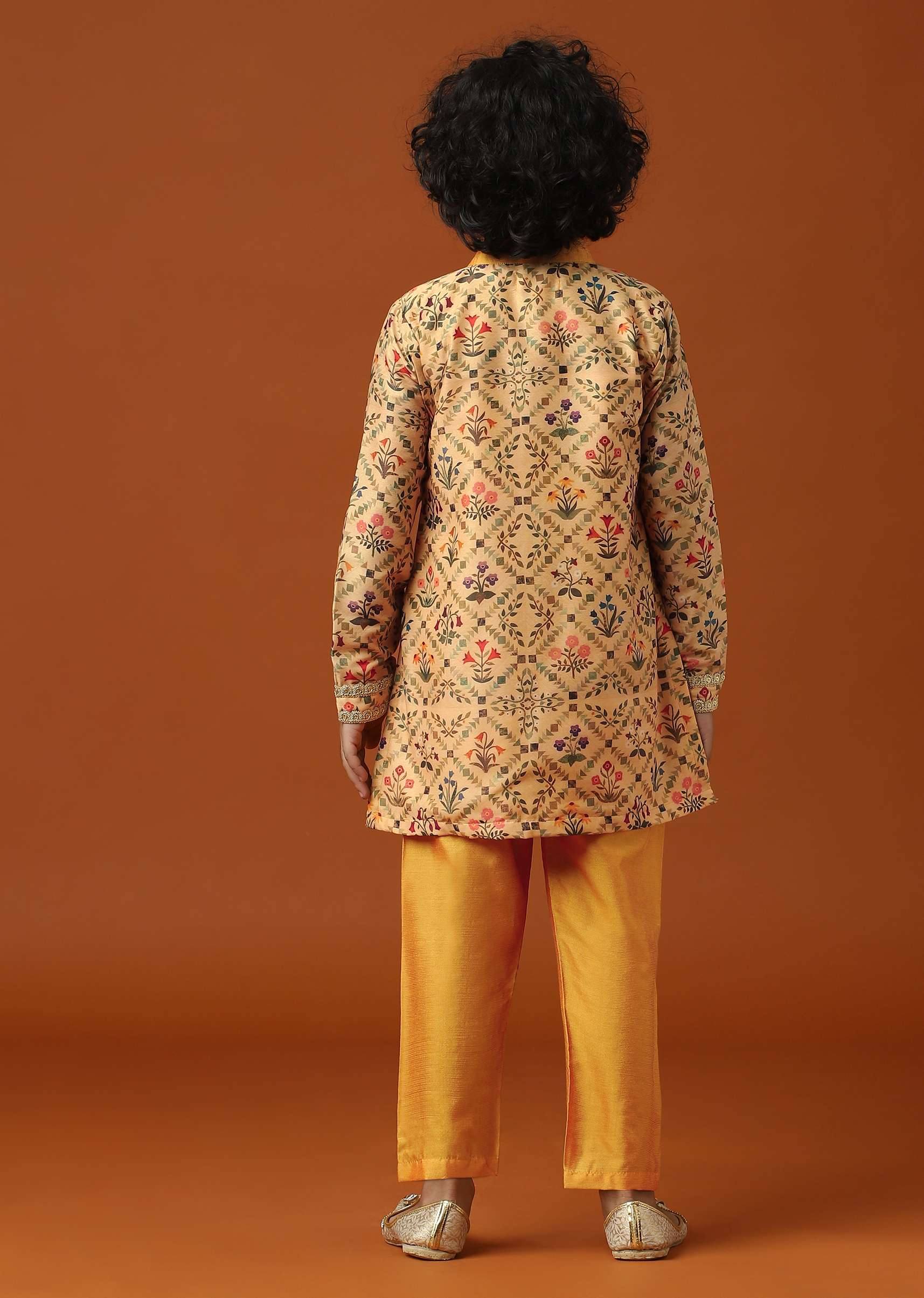 Kalki Beige Orange Printed Kurta Pant Set In Cotton Silk - Image 6