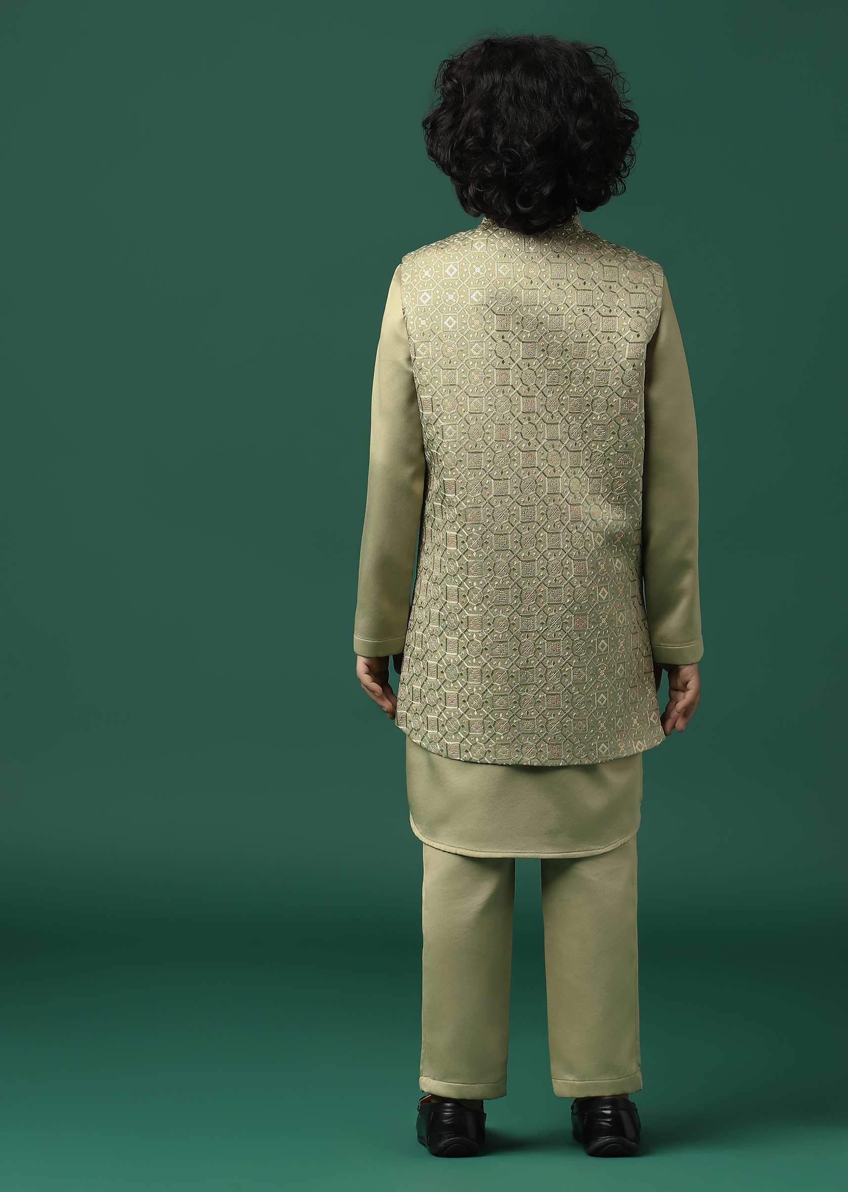 Kalki Beige Sherwani Set In Satin With Threadwork And Sequins Embroidery For Boys - Image 10