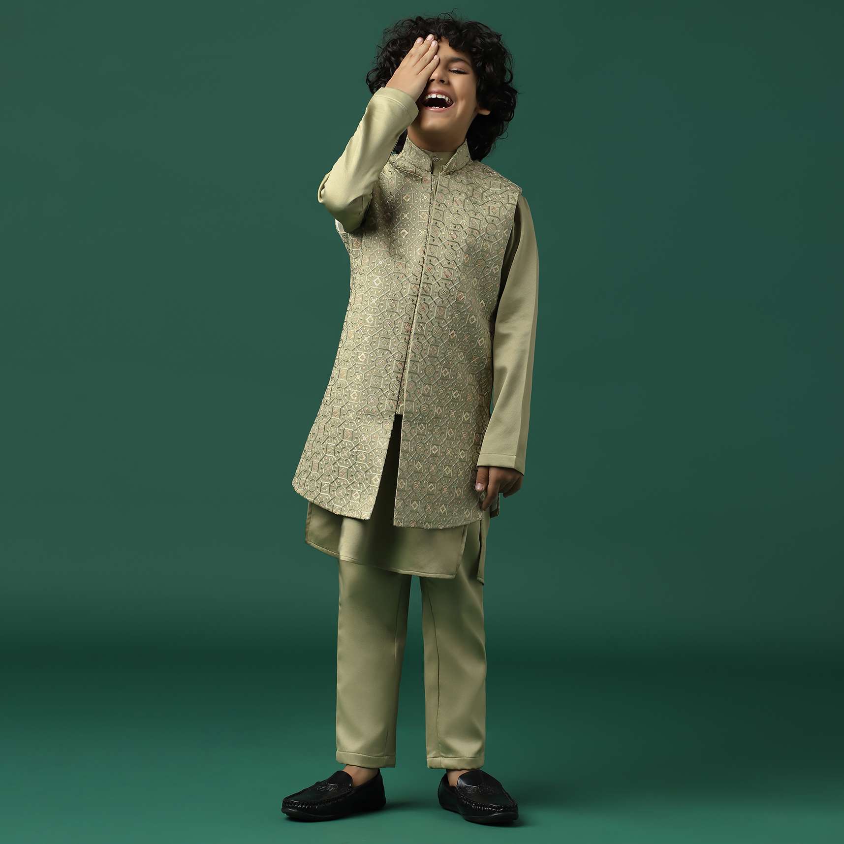 Kalki Beige Sherwani Set In Satin With Threadwork And Sequins Embroidery For Boys - Image 4