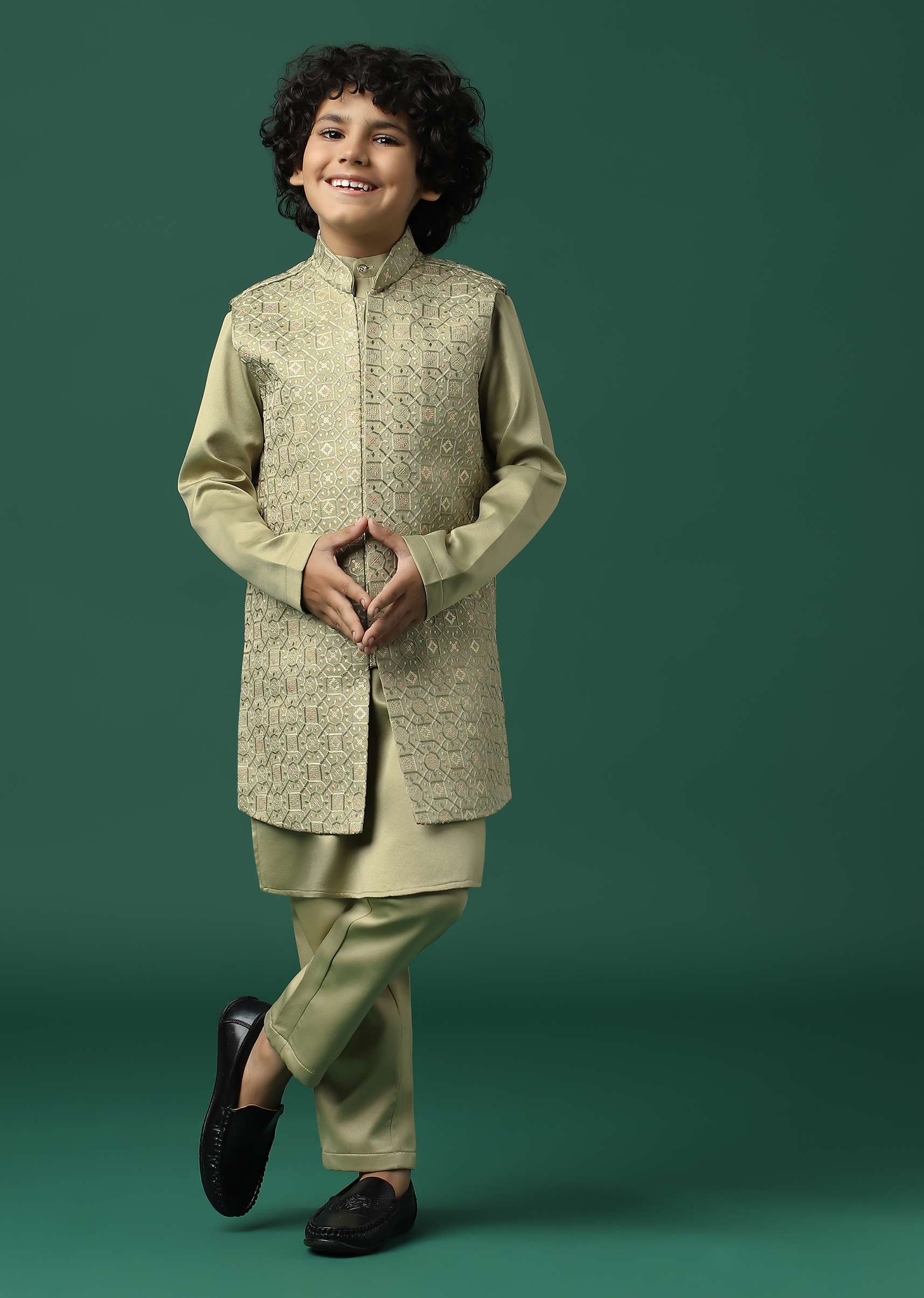 Kalki Beige Sherwani Set In Satin With Threadwork And Sequins Embroidery For Boys - Image 6