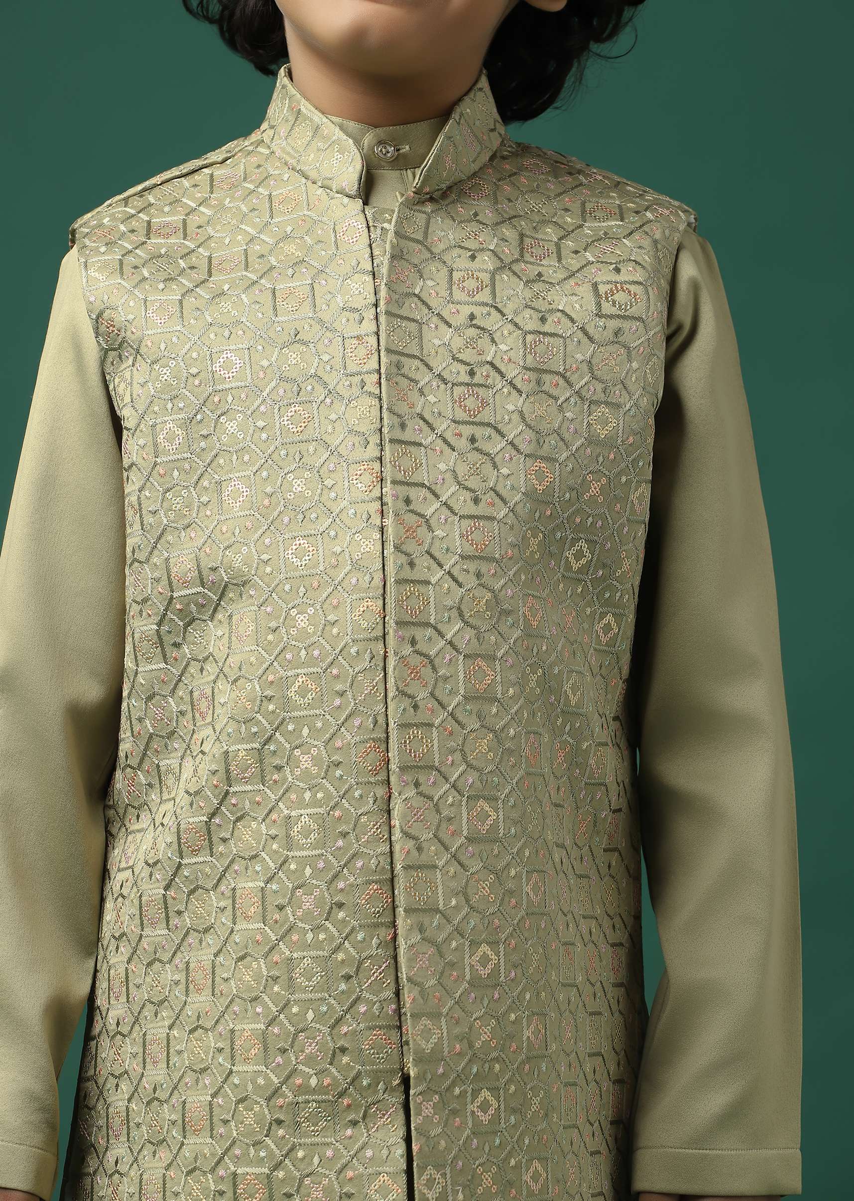 Kalki Beige Sherwani Set In Satin With Threadwork And Sequins Embroidery For Boys - Image 7