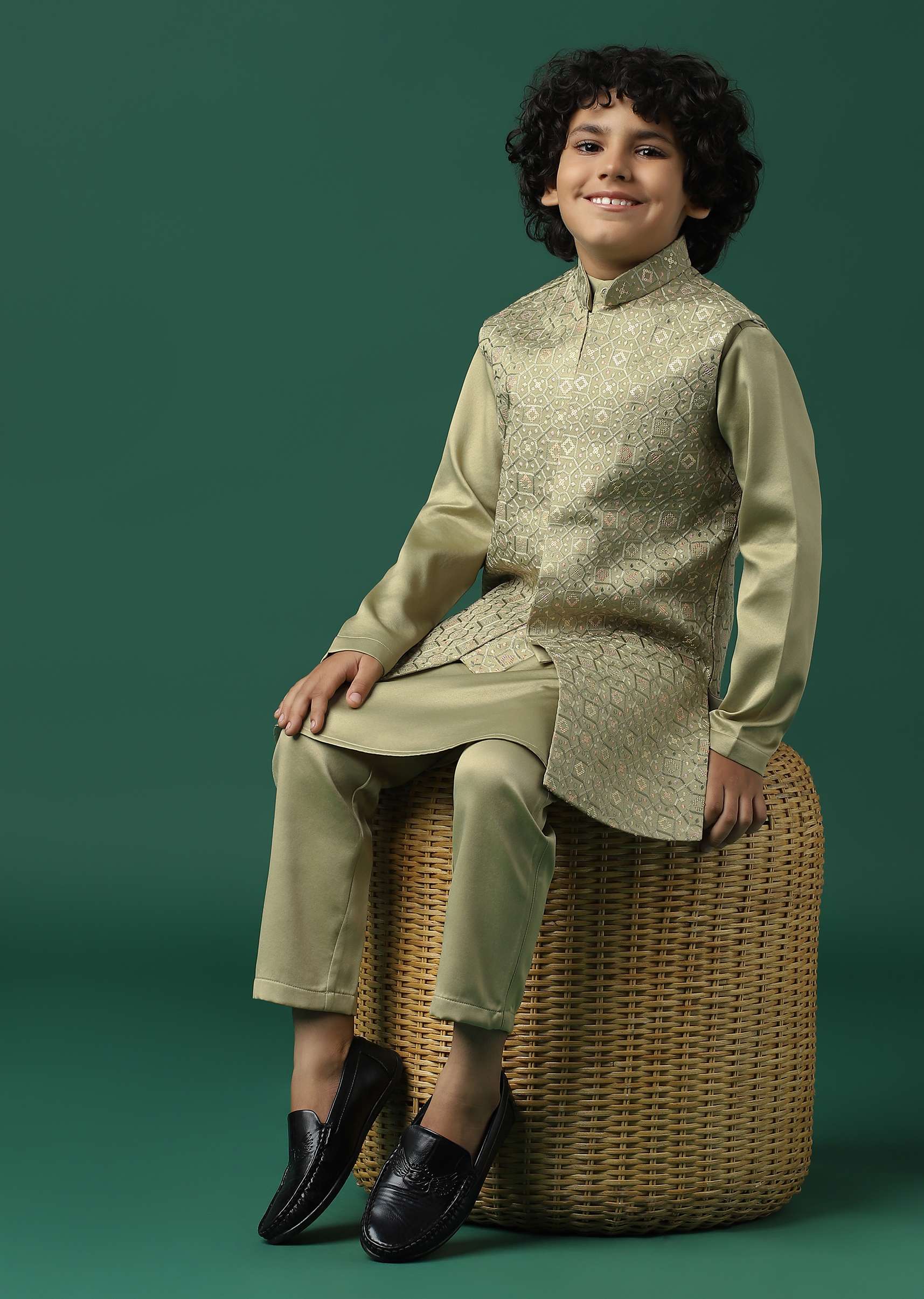 Kalki Beige Sherwani Set In Satin With Threadwork And Sequins Embroidery For Boys - Image 9