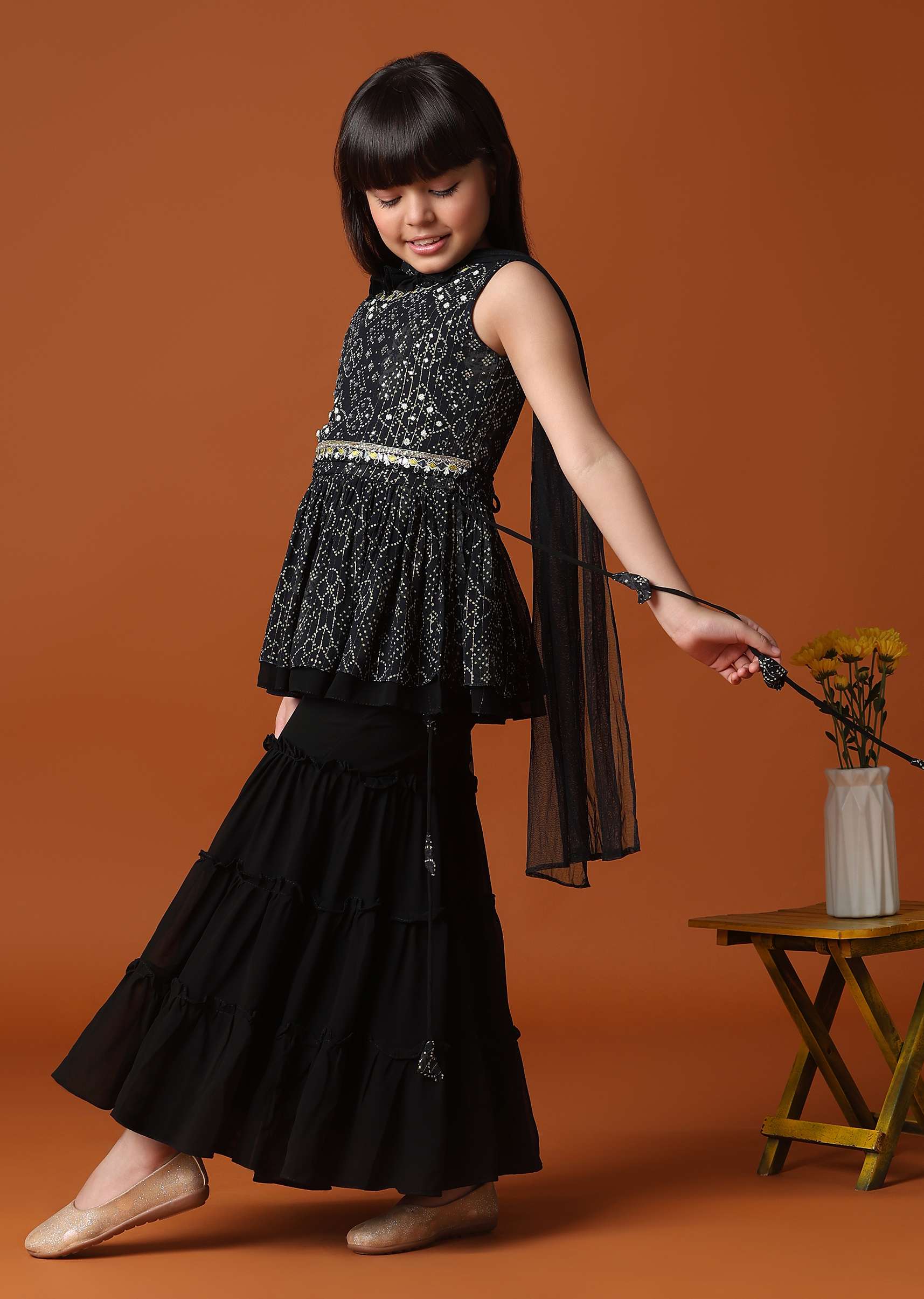 KALKI Black Kurti And Sharara Set With Mirror Work For Girls - Image 4