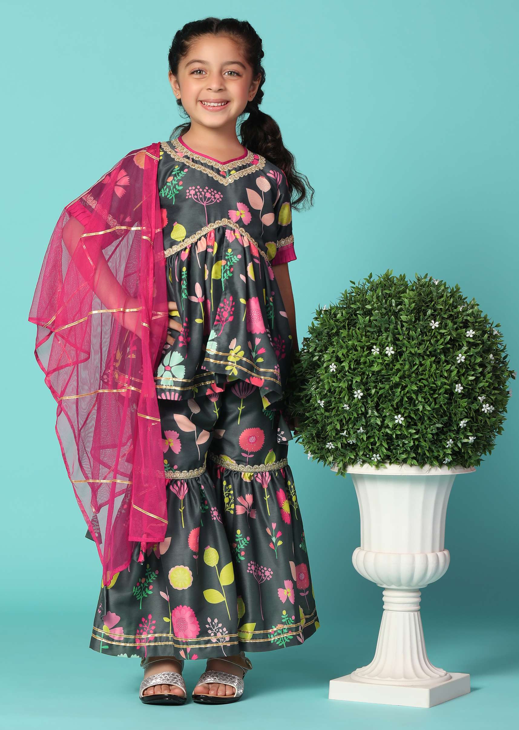 Kalki Black Printed Kurta And Sharara Set In Cotton Silk For Girls - Image 3