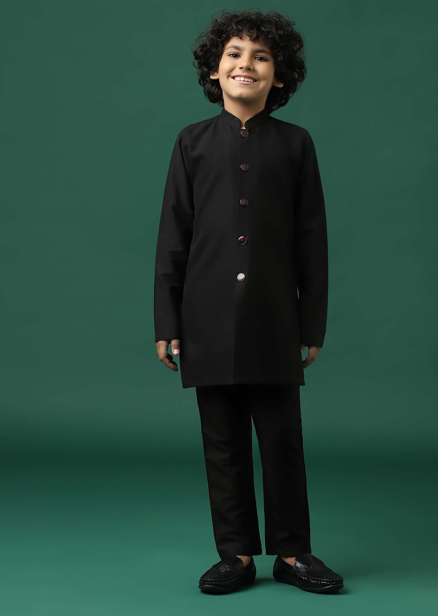 Kalki Black Printed Kurta Jacket Set In Silk For Boys - Image 6