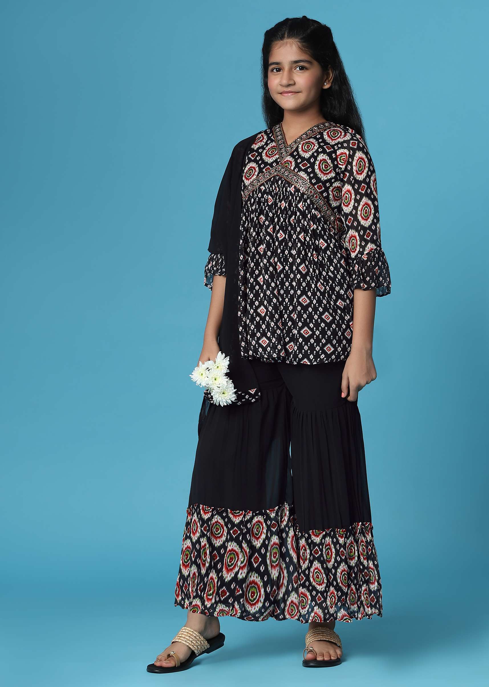 Kalki Black Printed Kurti And Palazzo Set In Georgette For Girls - Image 4