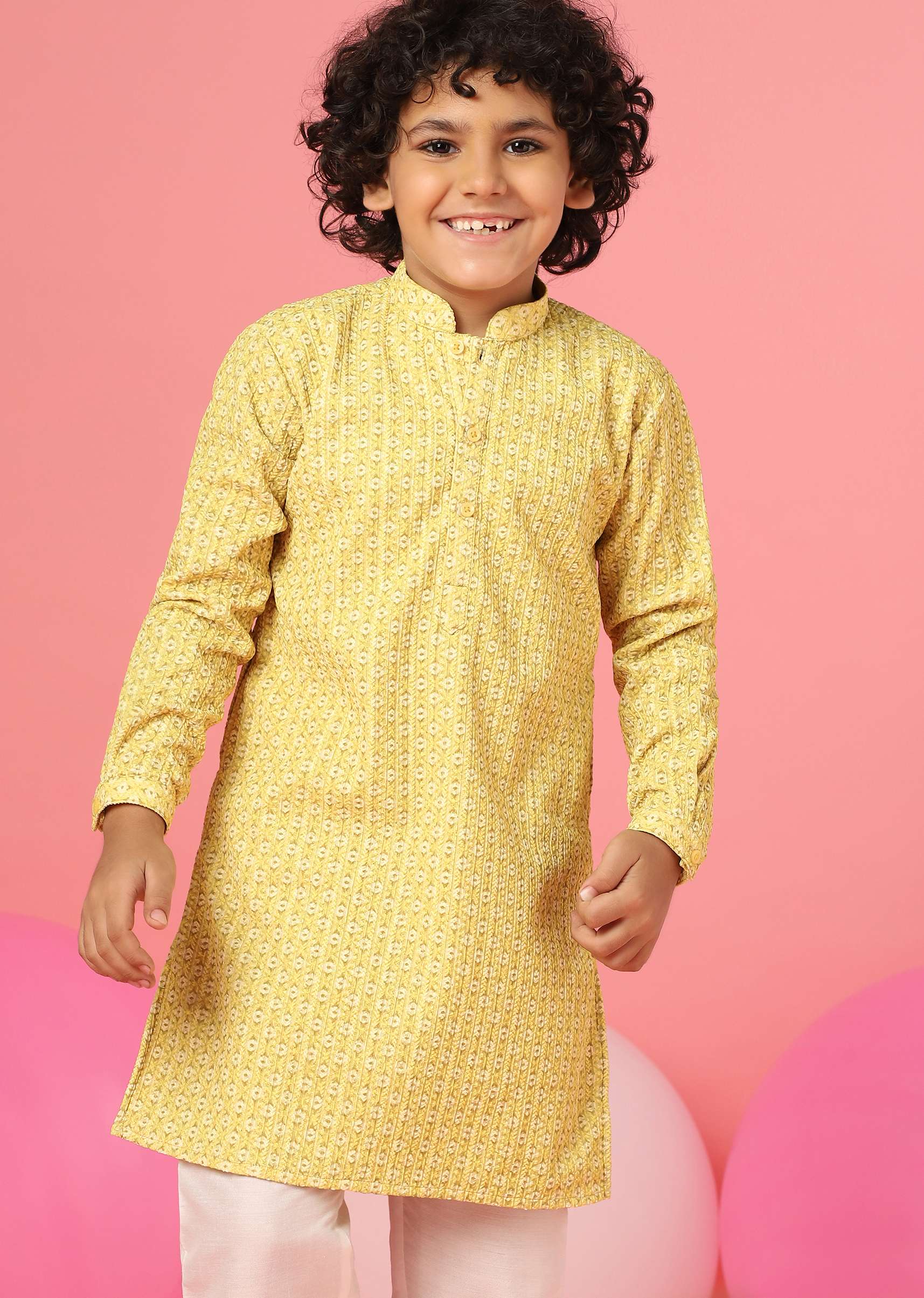 Kalki Blazing Yellow Kurta Set In Silk With Threadwork For Boys - Image 2