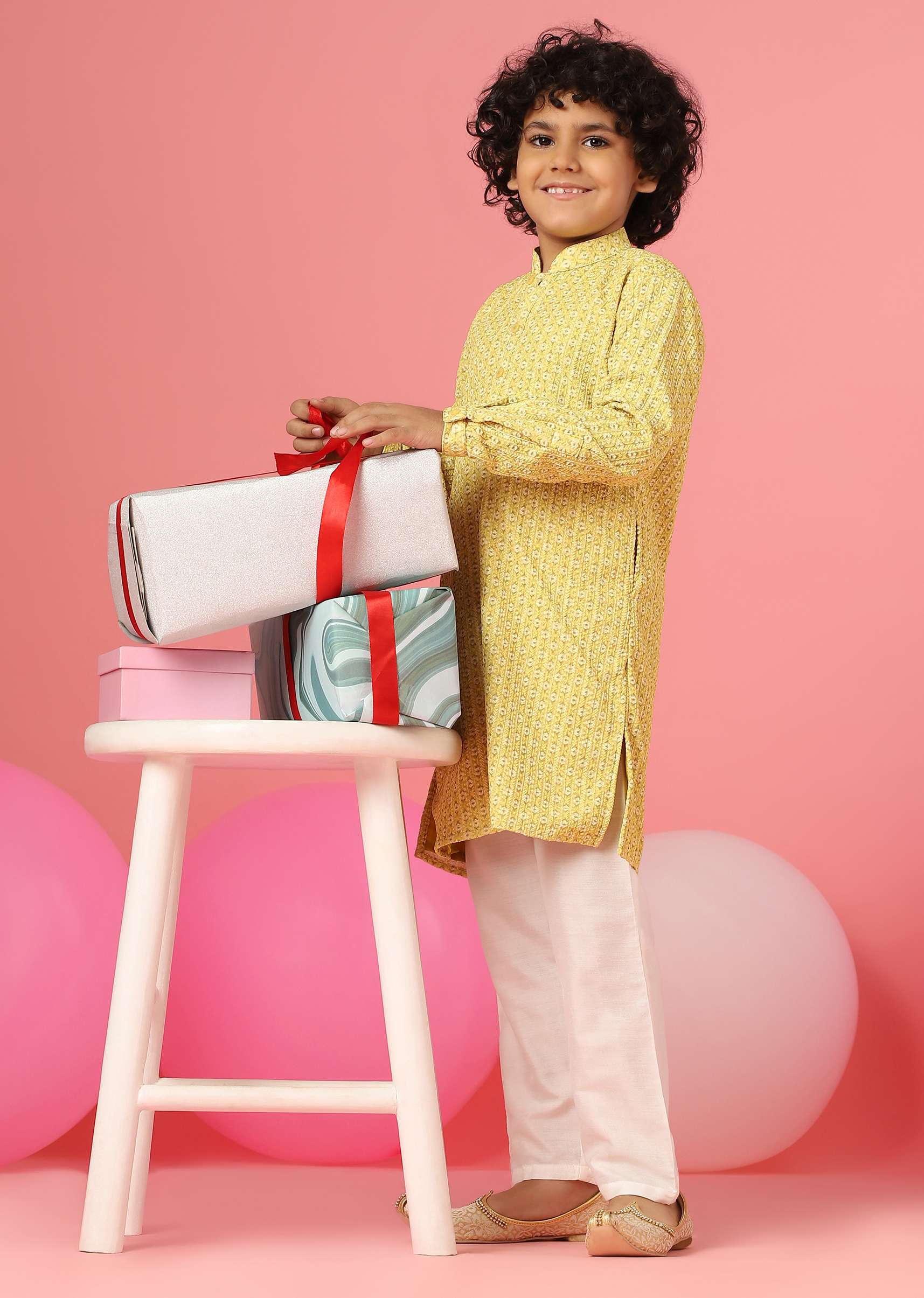 Kalki Blazing Yellow Kurta Set In Silk With Threadwork For Boys - Image 3