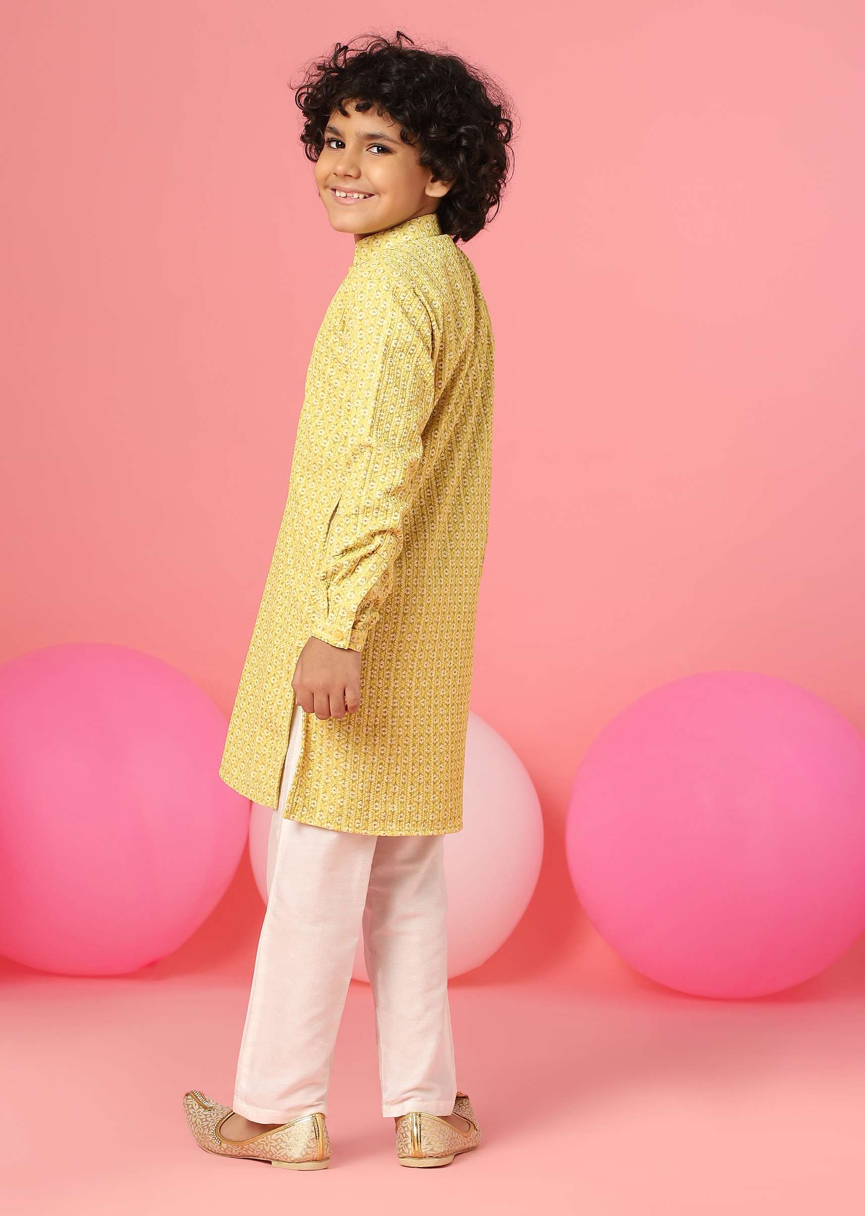 Kalki Blazing Yellow Kurta Set In Silk With Threadwork For Boys - Image 6
