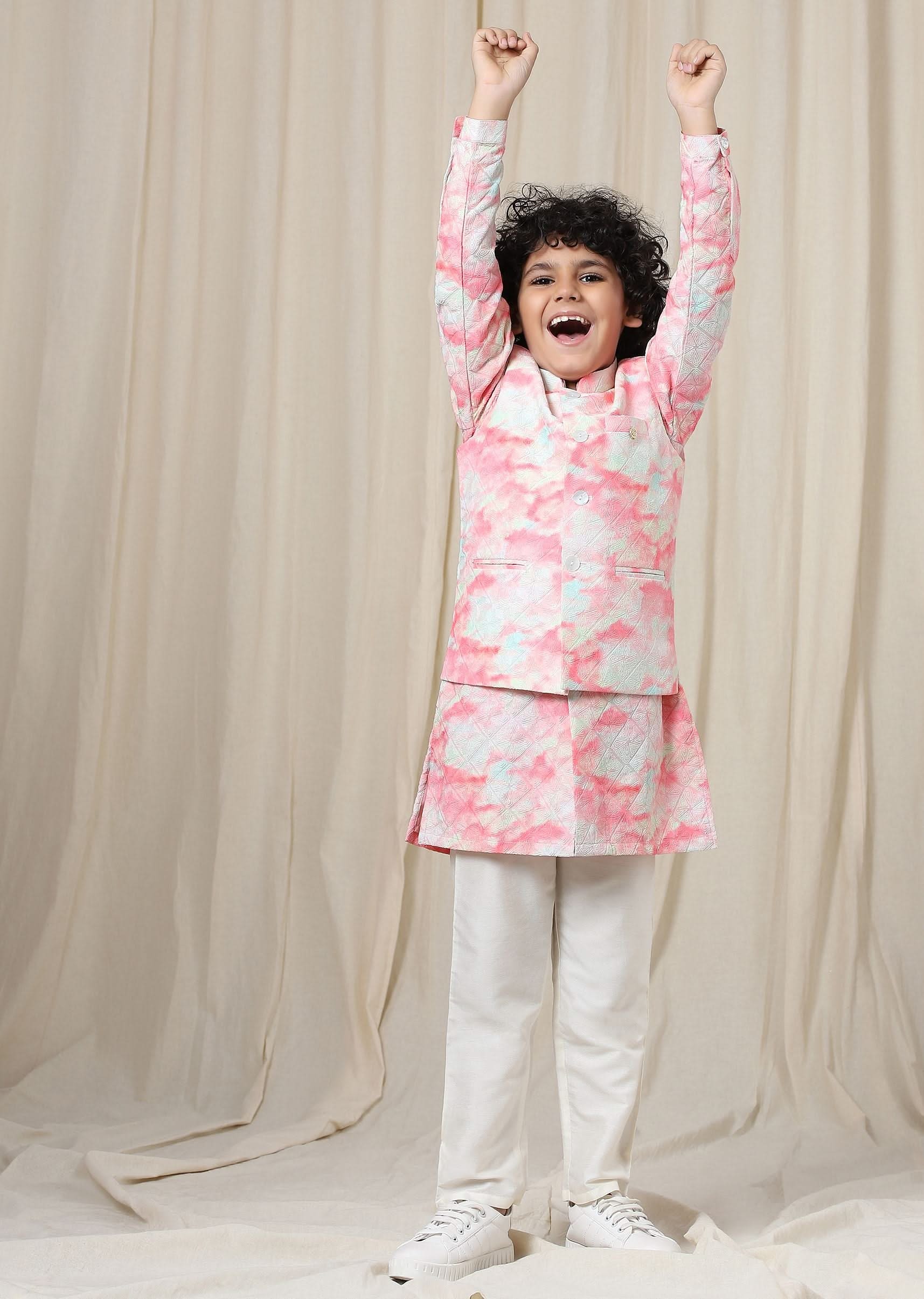 Kalki Blossom Pink Tie-Dye Bandi Jacket Set In Silk With Threadwork For Boys - Image 3