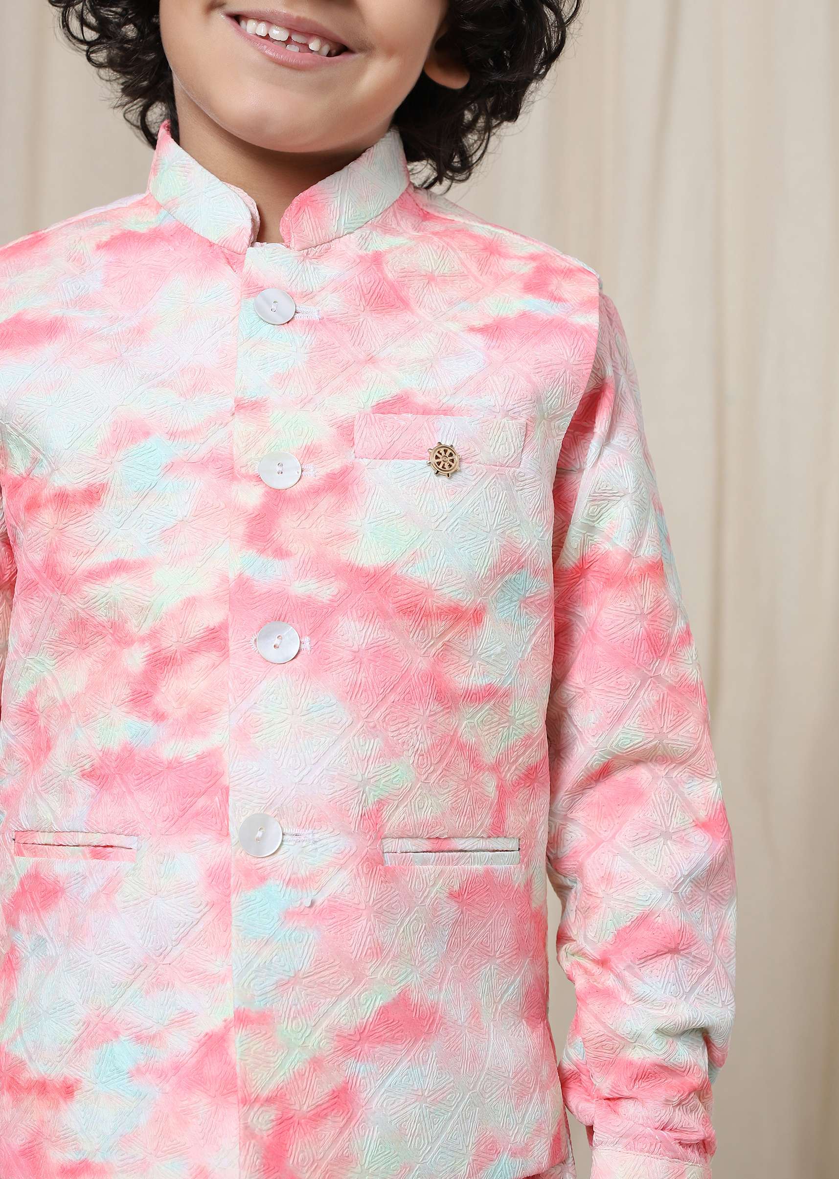 Kalki Blossom Pink Tie-Dye Bandi Jacket Set In Silk With Threadwork For Boys - Image 4