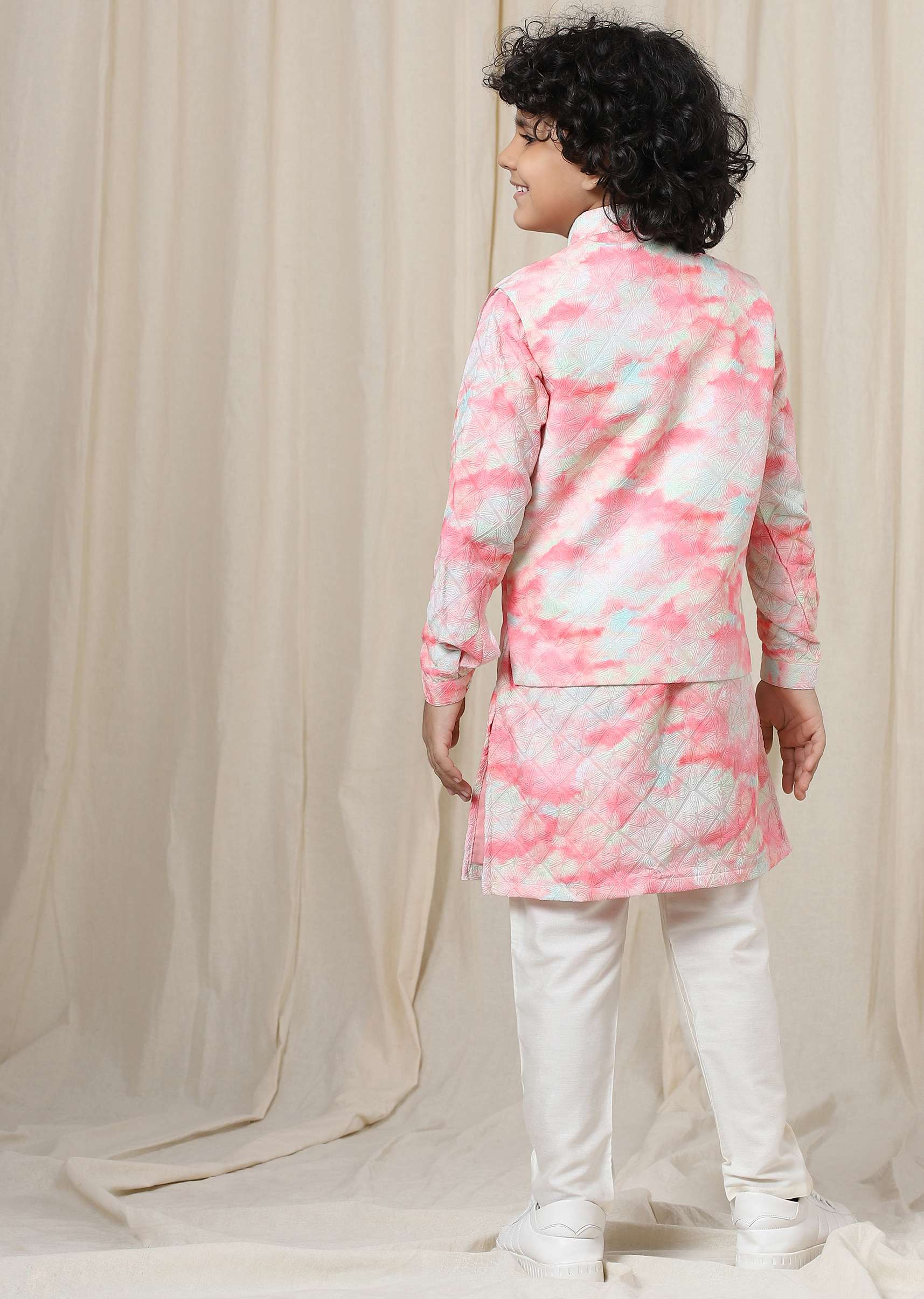 Kalki Blossom Pink Tie-Dye Bandi Jacket Set In Silk With Threadwork For Boys - Image 5