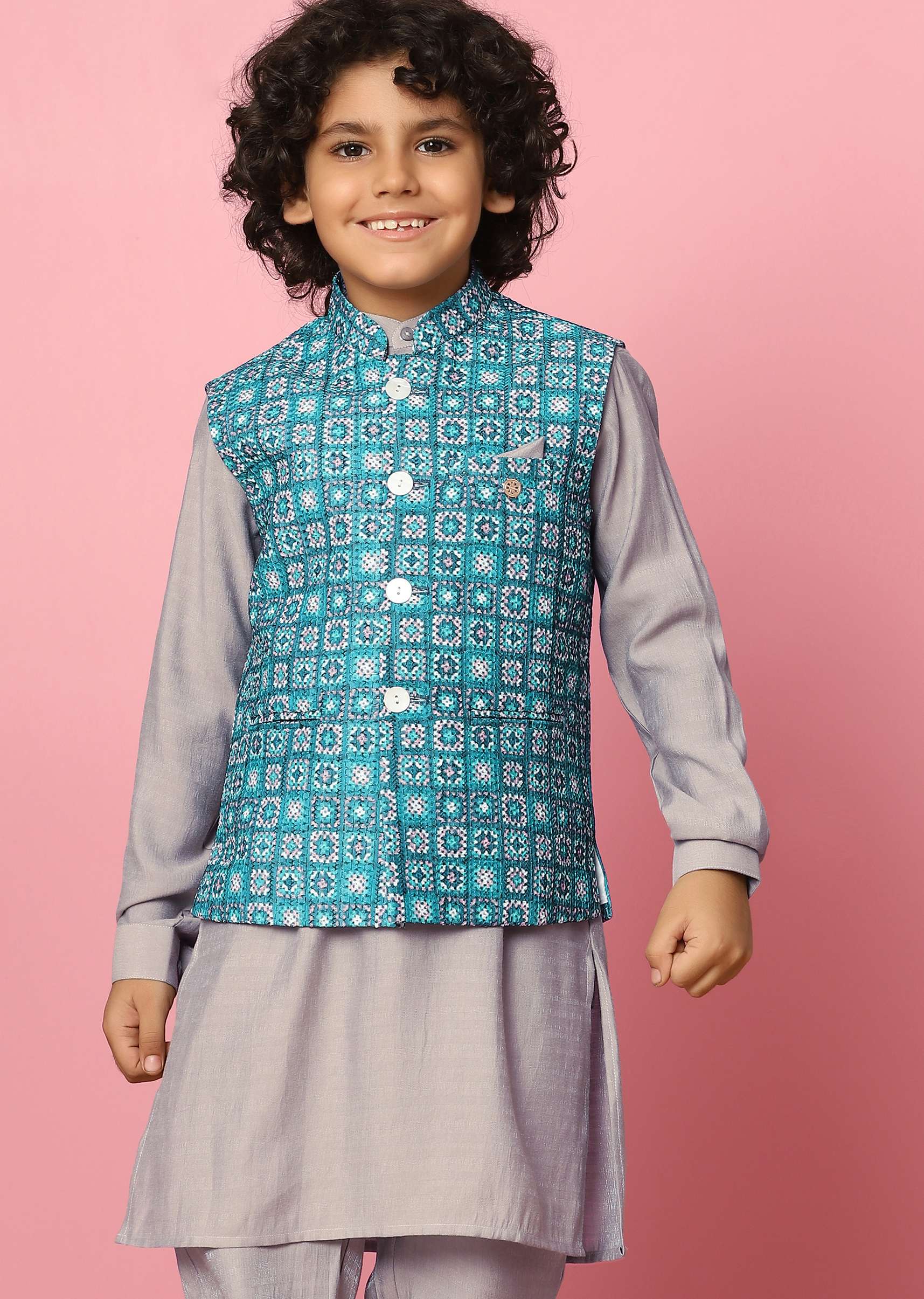 Kalki Blue Bandi Jacket And Kurta Set In Silk With Threadwork For Boys - Image 3