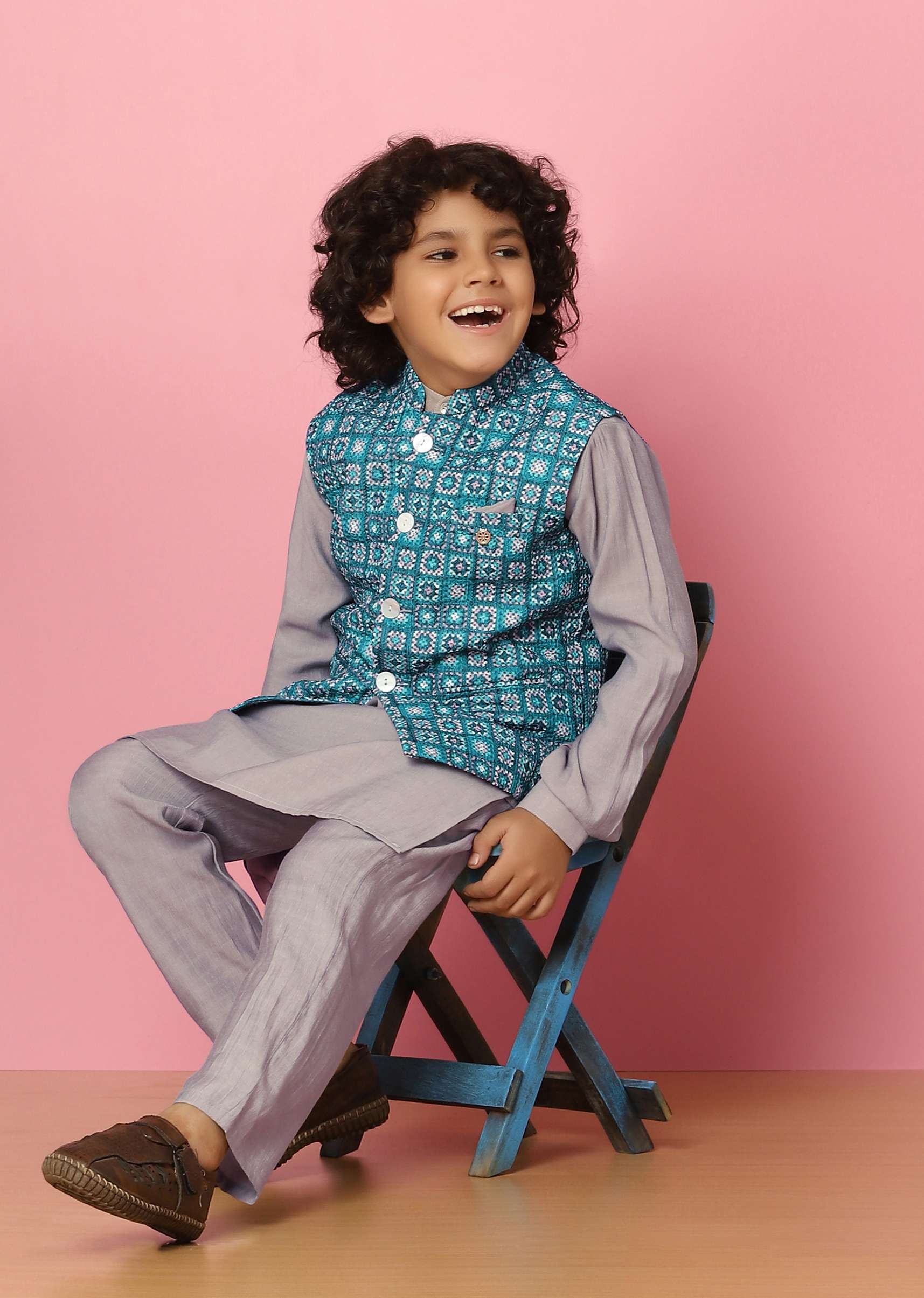 Kalki Blue Bandi Jacket And Kurta Set In Silk With Threadwork For Boys - Image 4