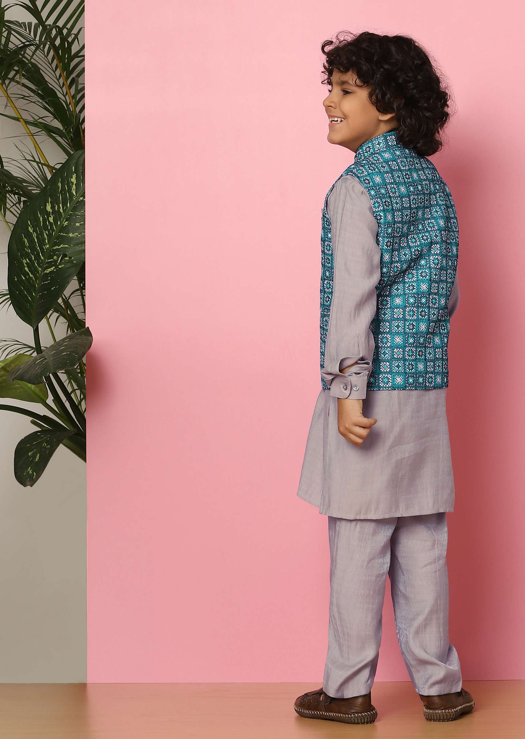 Kalki Blue Bandi Jacket And Kurta Set In Silk With Threadwork For Boys - Image 5