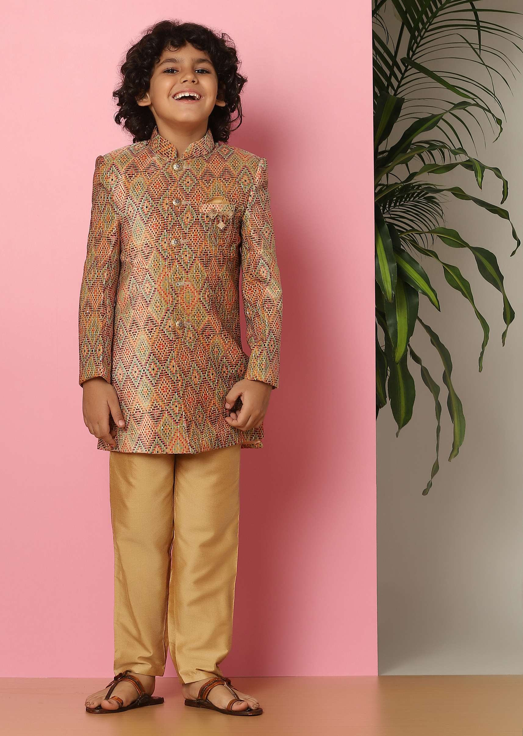 Kalki Brown Sherwani Set In Velvet With Print And Sequins For Boys - Image 3