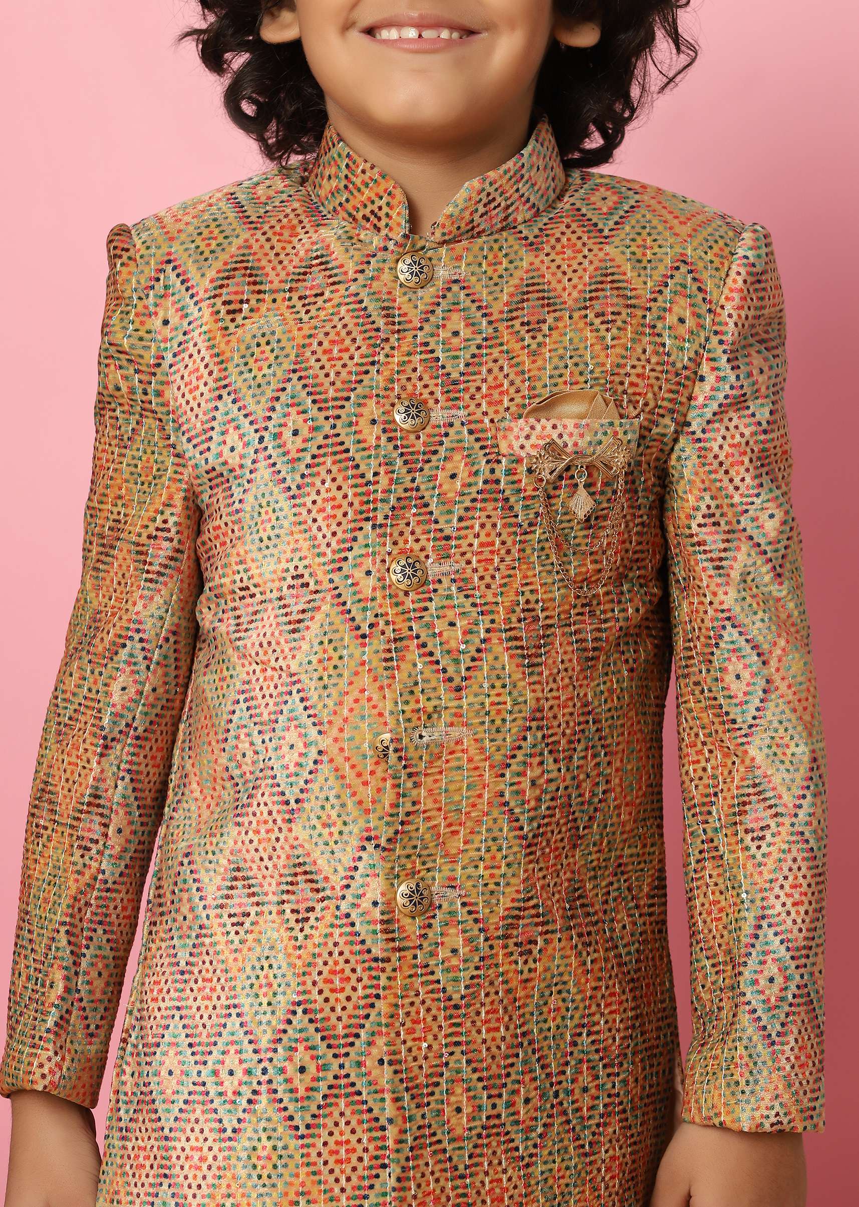 Kalki Brown Sherwani Set In Velvet With Print And Sequins For Boys - Image 4