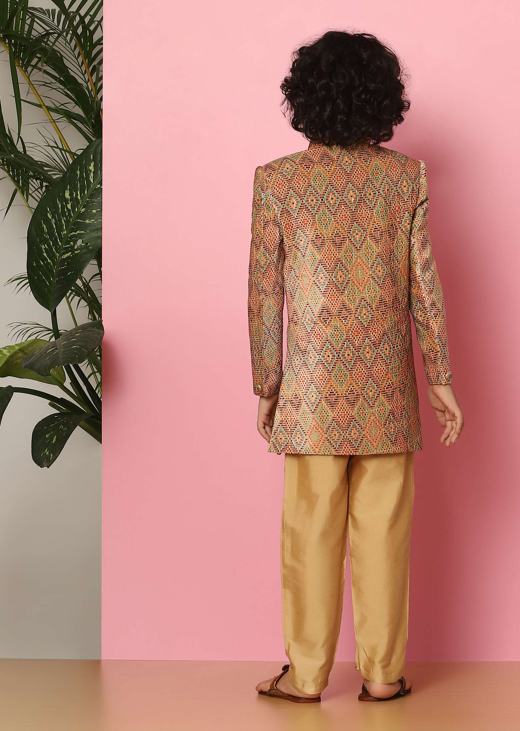 Kalki Brown Sherwani Set In Velvet With Print And Sequins For Boys - Image 5